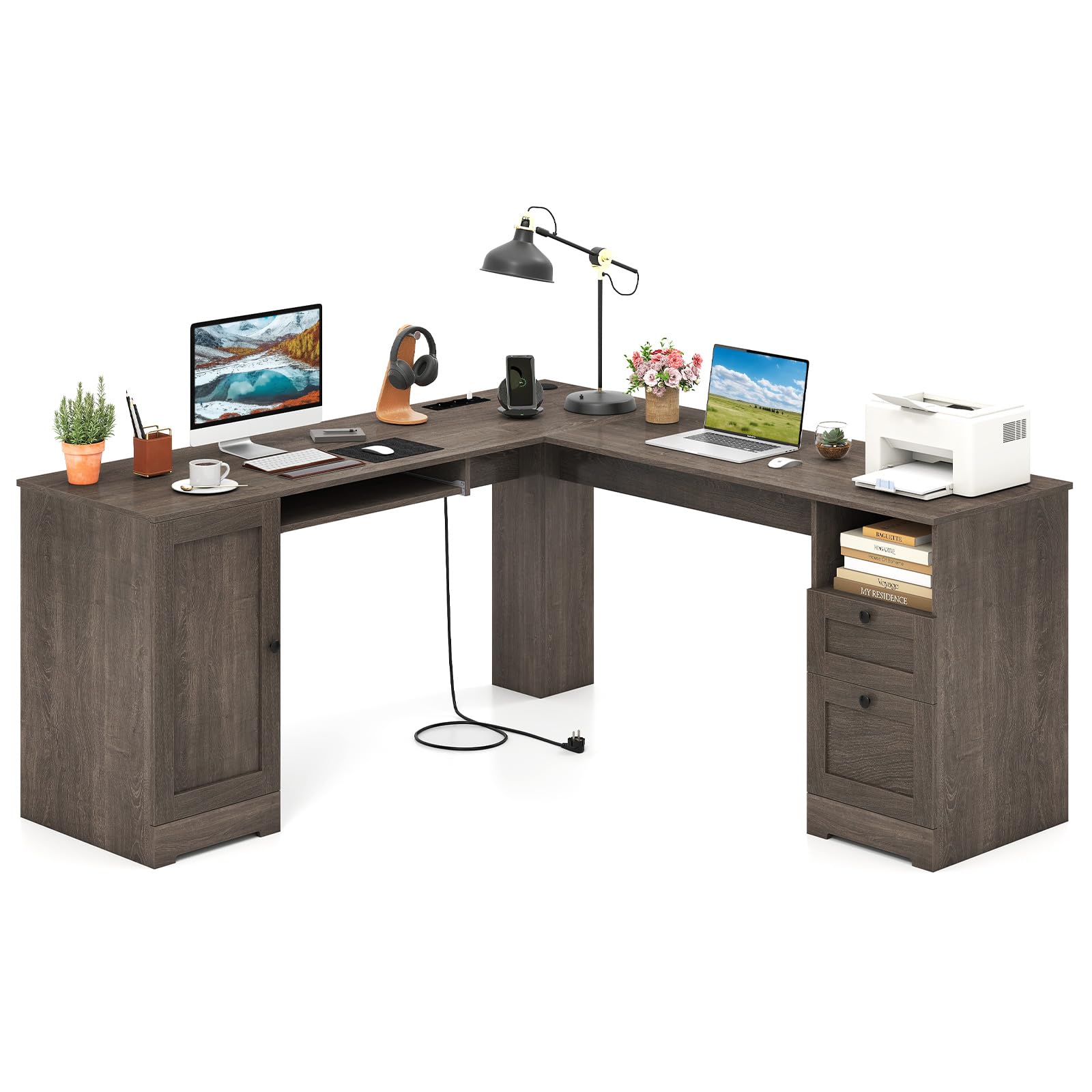 COSTWAY Escritorio Esquinero con Enchufes, Grande 168X168 cm, Escritorio en L con Cajones, Bandeja para Teclado, Mesa en L con Estante Ajustable Oficina Casa(Gris+Enchufe)