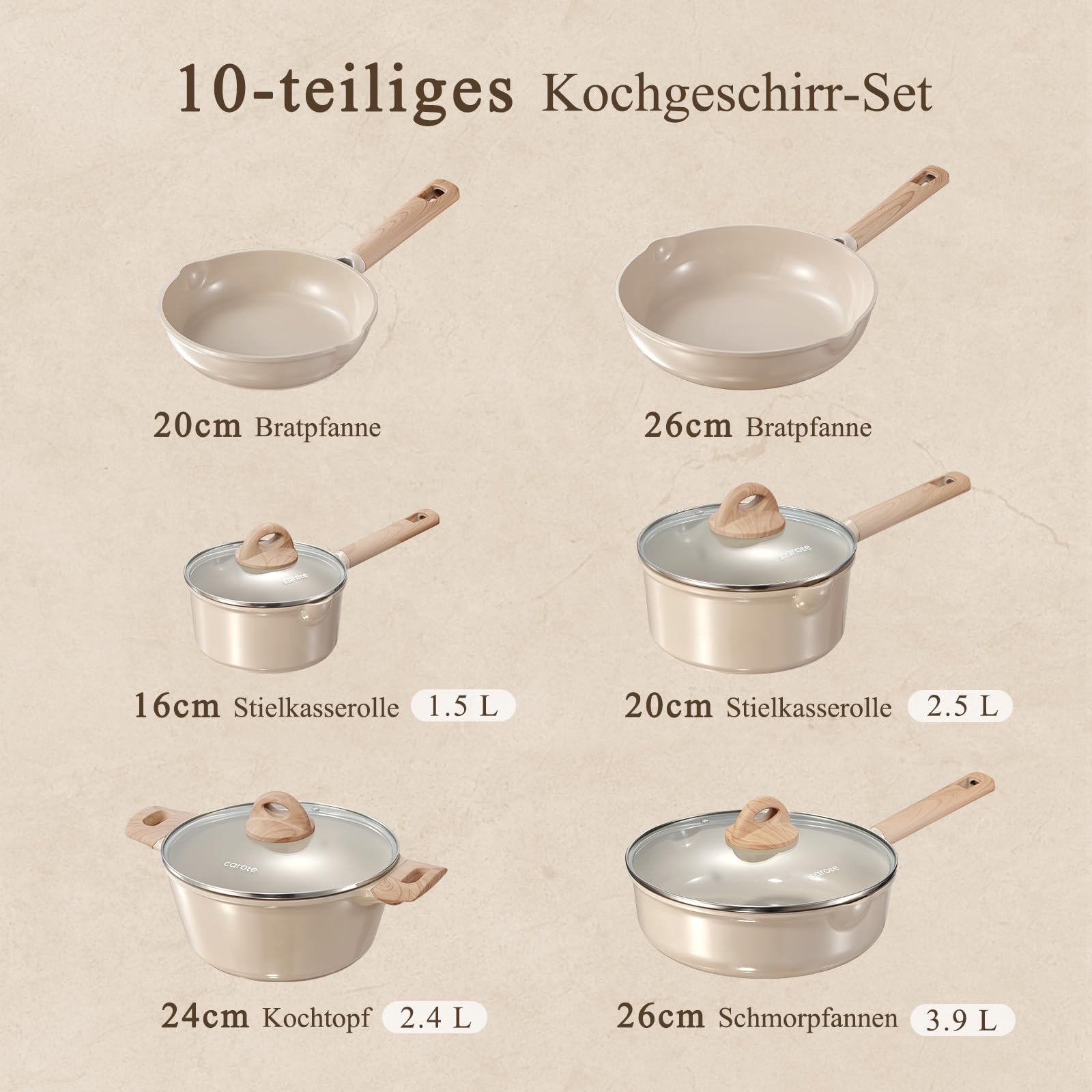 CAROTE Kochgeschirr-Set 10-teiliges,Keramik-Antihaftbeschichtung, Khaki