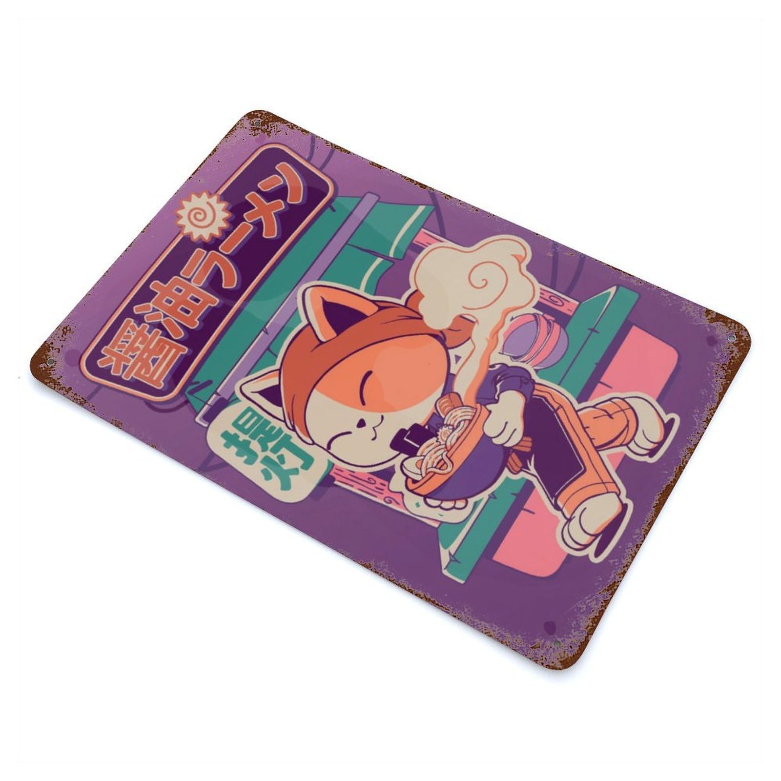 Neko Eating Ramen Rusty Metal Tin Sign 11.8"x7.9", Ideal for Farmhouse, Kitchen And Entryway Decor