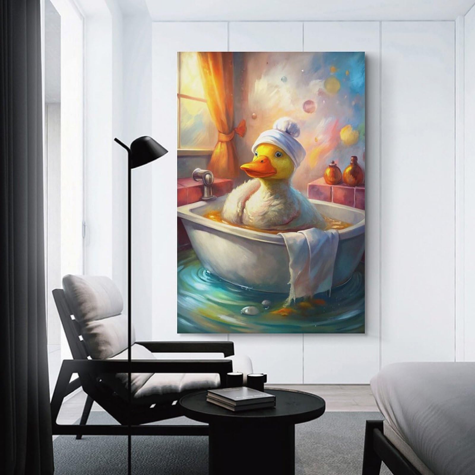 Junmoney Duck in Bathtub with Towel Hat Canvas Wall Decor 16x24inch(40x60cm), for Corridors, Hallways Or Apartment Entries, A Stylish Accent for Home Entrances