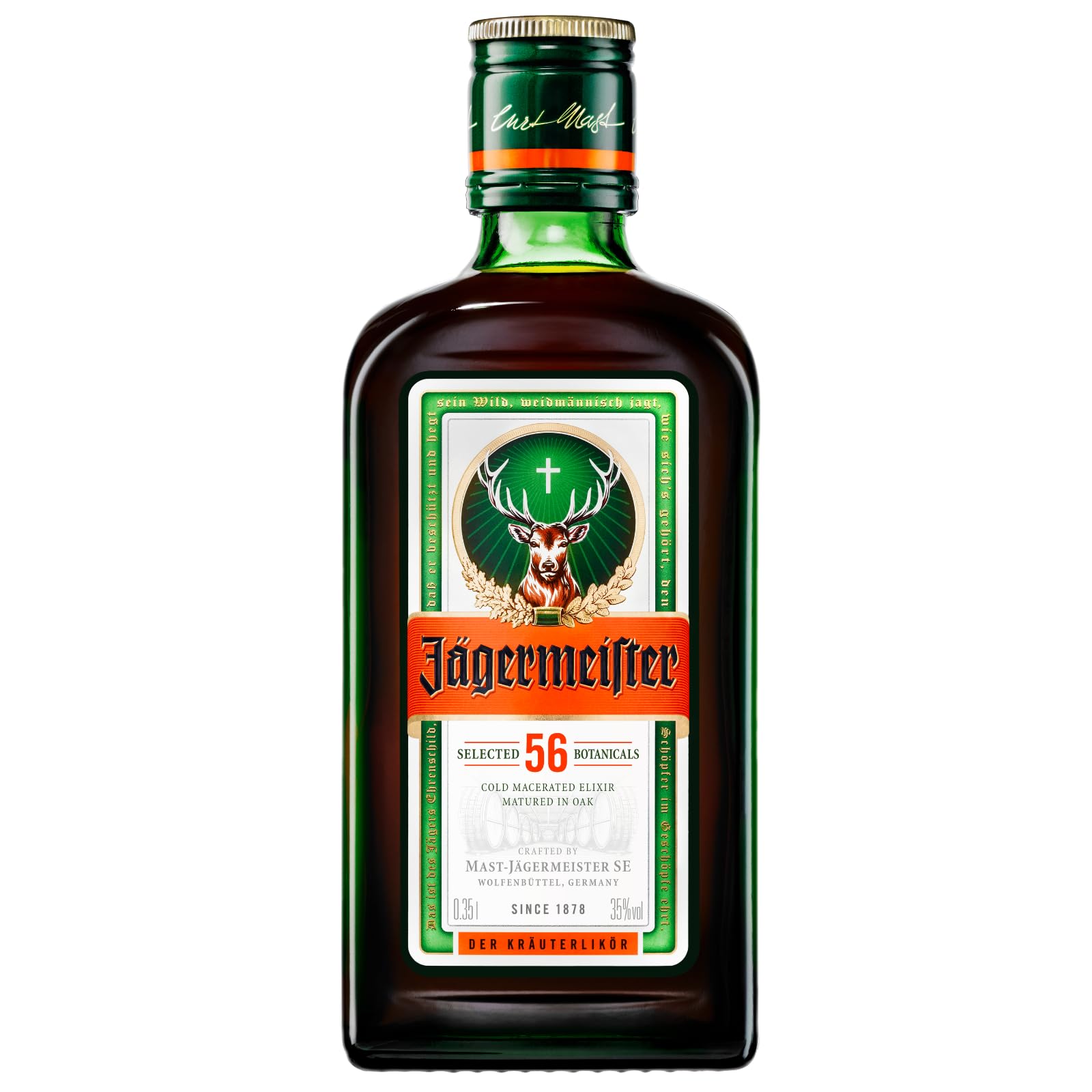 Jägermeister – 1 x 0,35l Premium Kräuterlikör 35% Vol. – 56 erlesene Kräuter – Kalt mazeriertes Elixier – Im Eichenfass gelagert – Das Original aus Wolfenbüttel