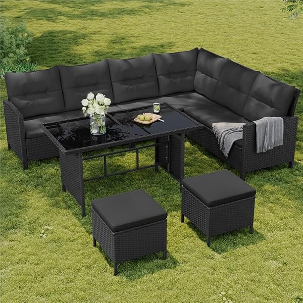 Yaheetech Juego de Muebles de Jardín 4 Piezas, Sofás de Ratán para Exterior con Mesa de Vidrio Templado Mesa y Sillas para Balcón Terraza Patio, Negro/Gris - 4