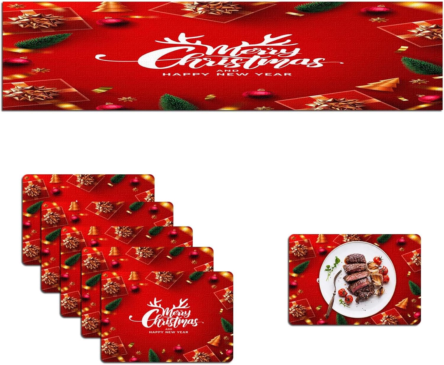 Mcalk Merry Christmas Table Runner and Placemats Set of 6