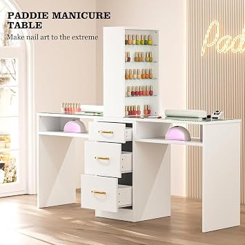 Paddie Double Manicure Table, Nail Desk for Nail Tech w/Glass Top & Wrist Rest, Nail Beauty Workstation w/3 Storage Drawers & 8-Tiers Open Shelves(White)