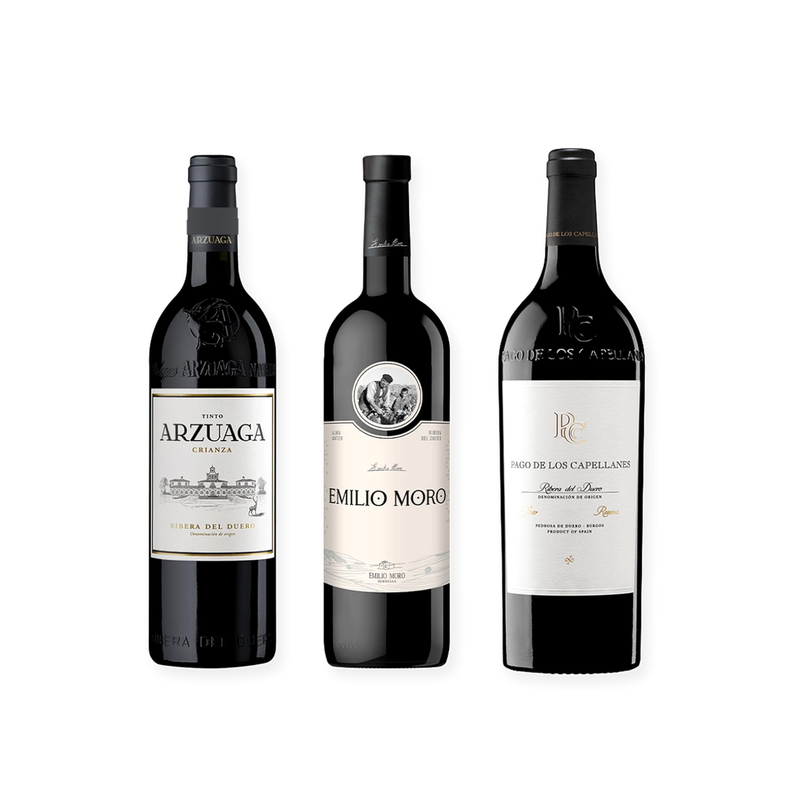 vino tinto Ribera del Duero Arzuaga Crianza, Emilio Moro y Pago de los Capellanes Reserva pack de 3 botellas 75 cl