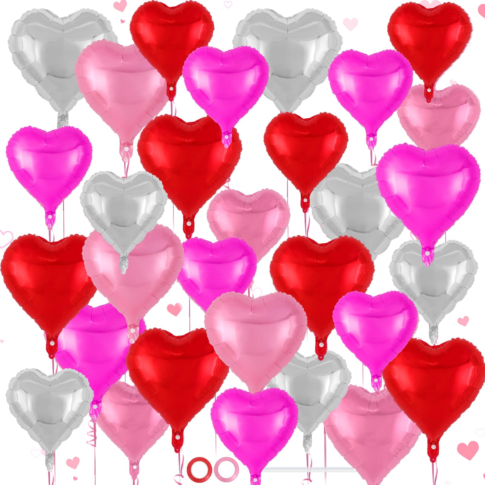 50 Pcs Red Pink Silver Rosered Heart Balloons,5 Inch and 10 Inch Heart Foil Balloons Love Balloon Valentine Balloon for Birthday Party Wedding Engagement Party Baby Shower Valentine Day Decorations