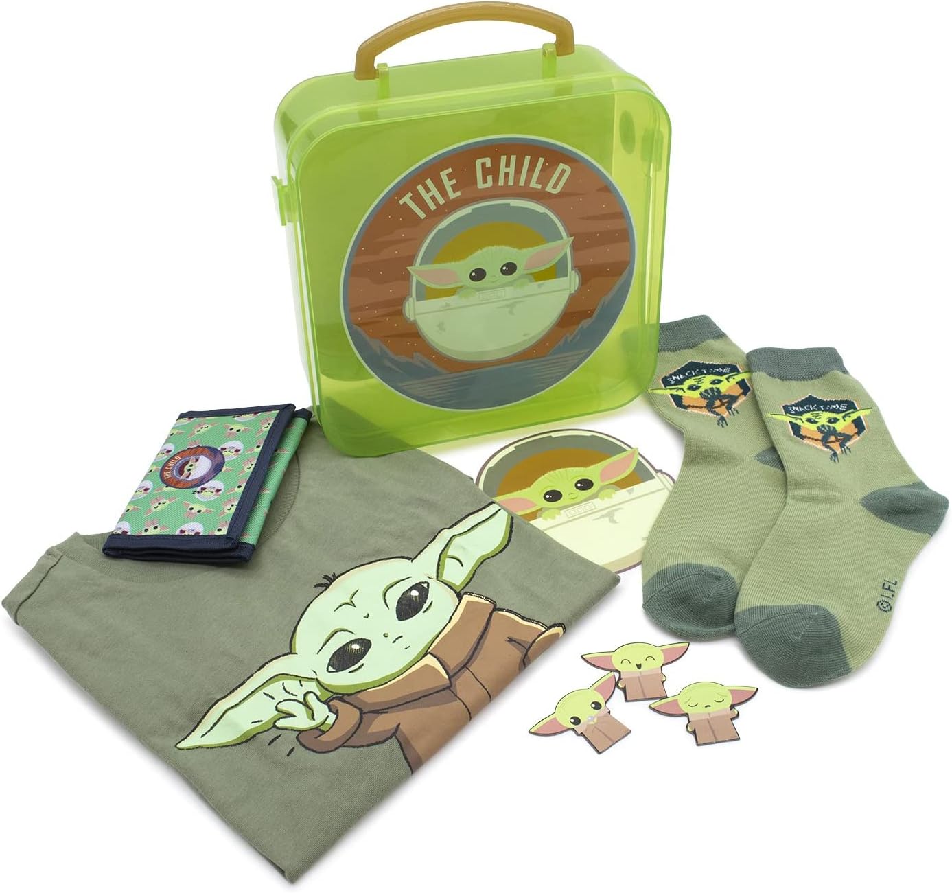 Star Wars The Child Baby Yoda Kids' 5 Piece Gift Set Shirt, Socks, Jumbo Sticker, Wallet, and Magnet Set