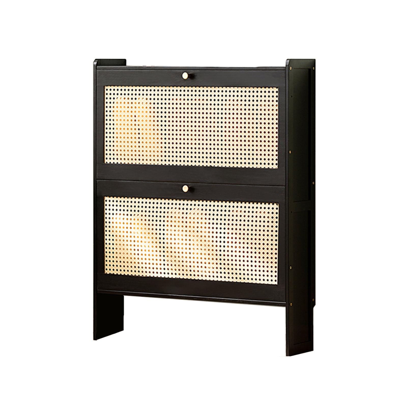 Wooden Shoe Cabinet Cupboard Organizer for Home Closet Hallway Entrance Bedroom - Freestanding Slim Rattan Shoe Rack Storage Cabinet with Doors