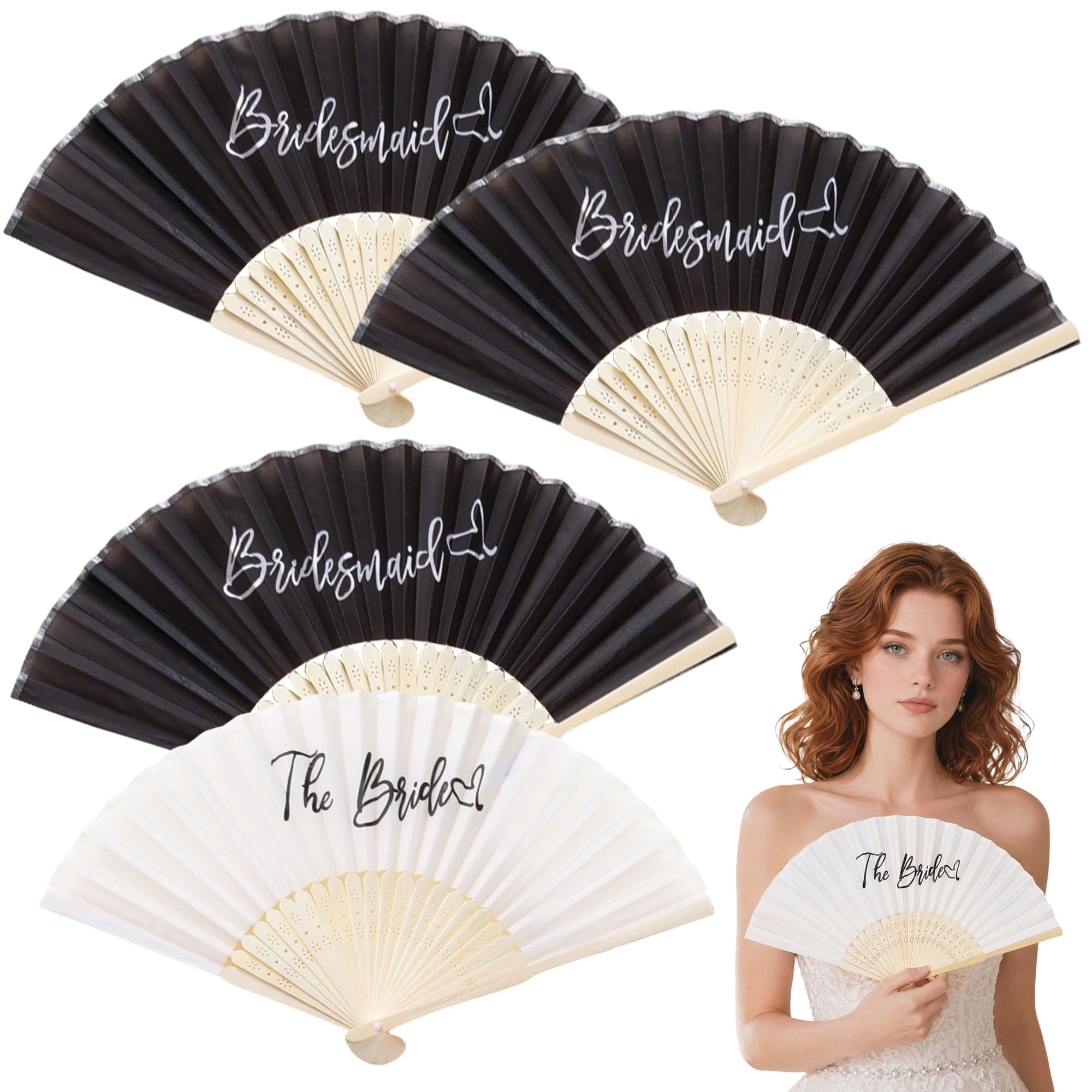KORVANEL Bride Fan Bundle, 1 Bride + 3 Bridesmaid Folding Paper Fans