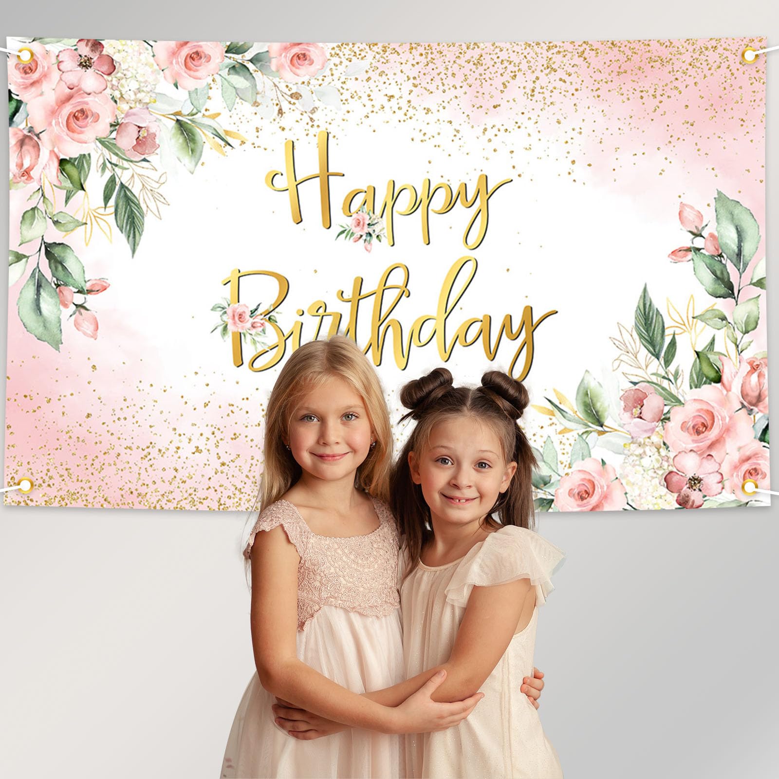 Avezano Geburtstags-Hintergrund Roségold – 180x100 Cm, Mit Rosa Blumen & Glitzer, Für Frauen-Partys