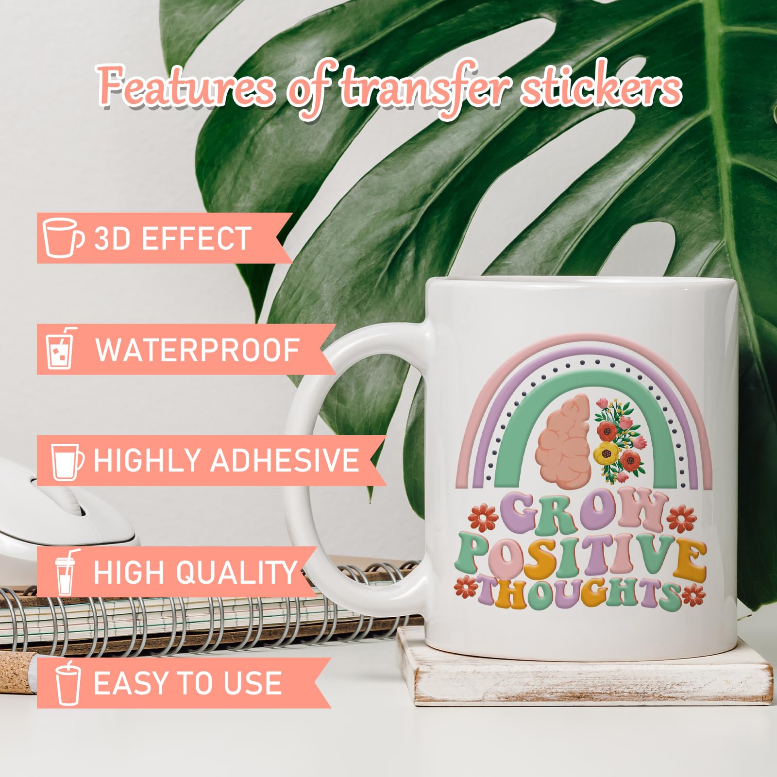 20 Blumen-Aufkleber Für Psychische Gesundheit – UV-DTF Folien Für Becher, Selbstklebend & Abwischfest