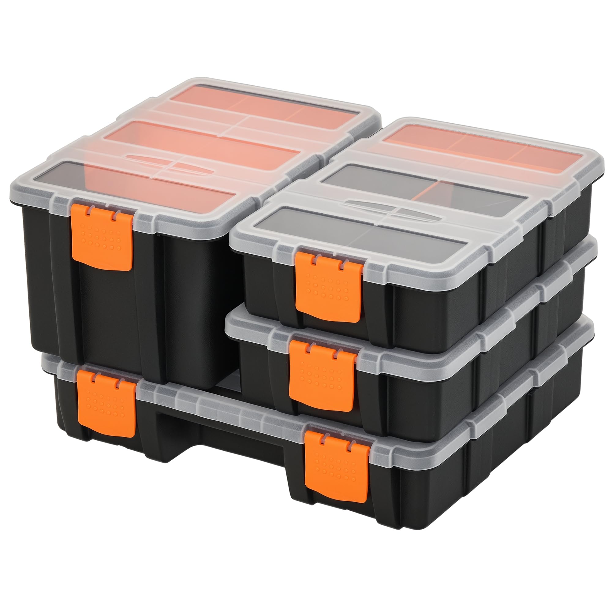 DURHAND Set Of 4 Plastic DIY Tool Storage Boxes w/Inside Dividers Locking Lids Home Garage Organisation Stacking Arts Crafts Bolts Black Orange-image-3