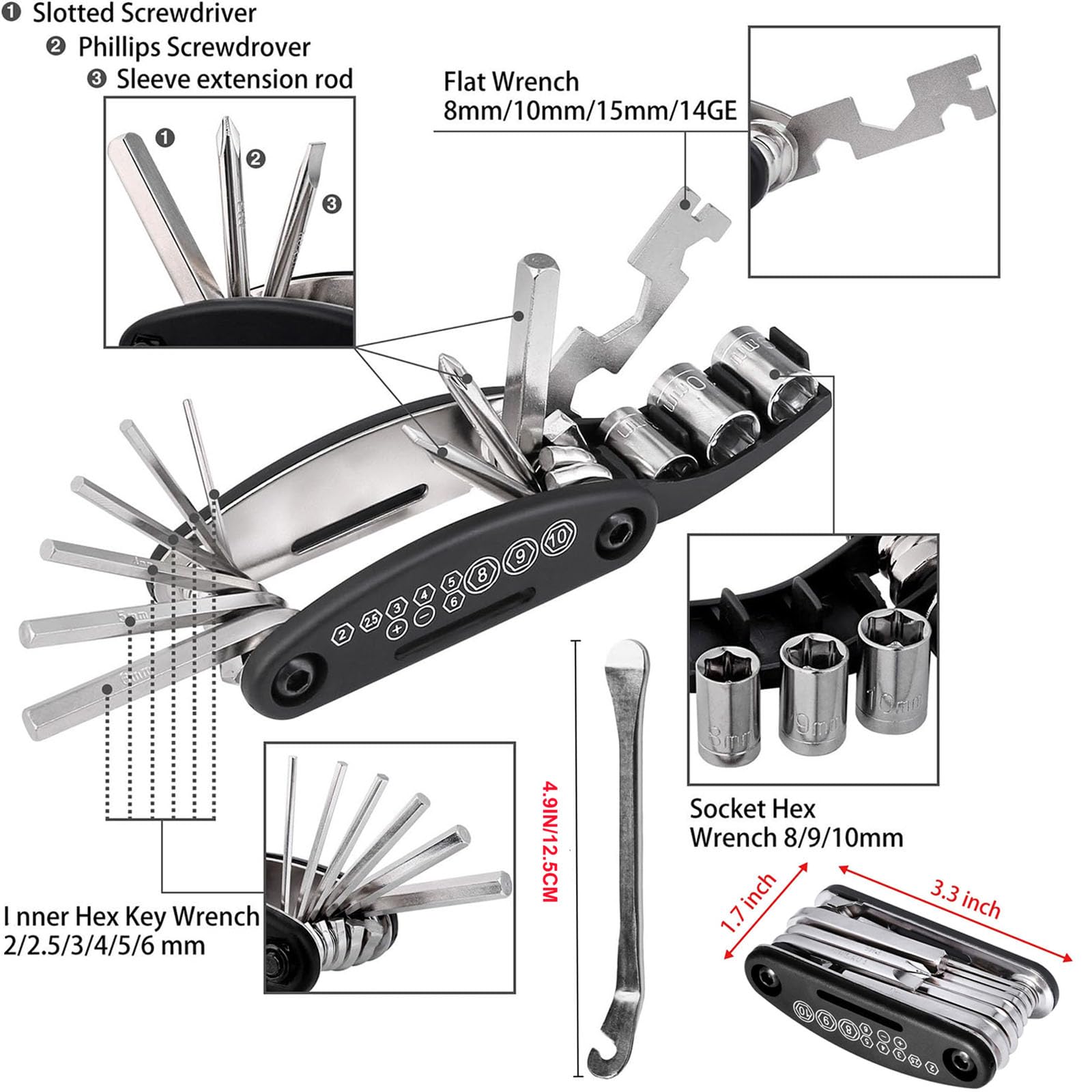 CXAPRDSH Black Bicycle Repair Tool Kit, 16 in 1 Bike Multitool with 2Pcs Bicycle Tire Iron Spoons, Portable Bicycle Essentials Easy Road Riding Travel Emergency Maintenance Repair and Carry