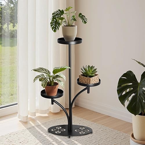 Soporte para plantas de interior de 3 niveles negro, soporte alto de metal para plantas, base resistente en forma de trébol de cuatro hojas, estante