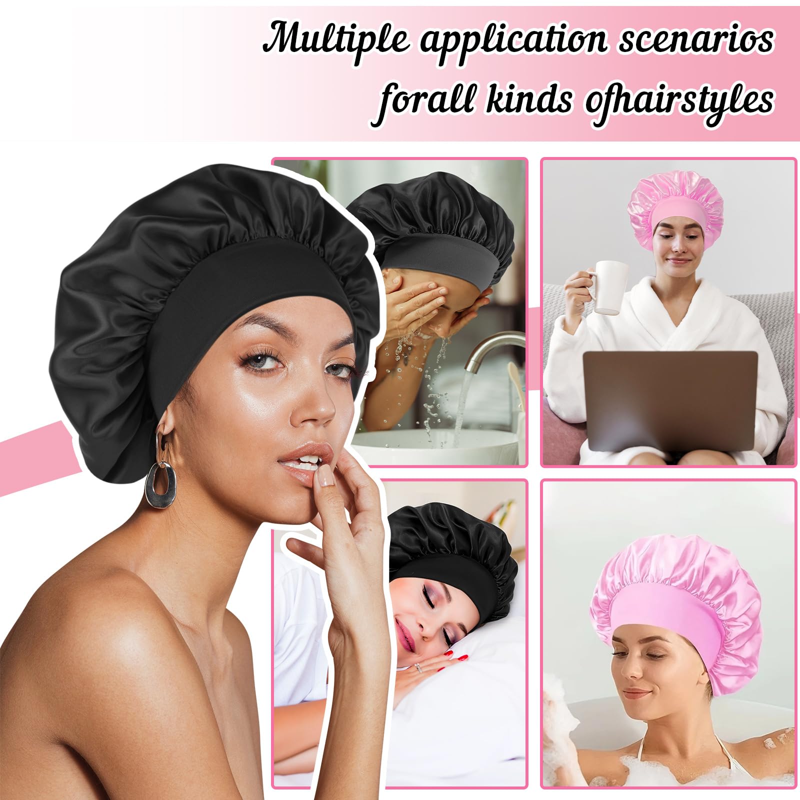 Cuffia Per Capelli In Raso Double Face Per Donne - Berretto Da Notte Morbido E Regolabile Per Capelli Ricci E Lunghi (Rosa)