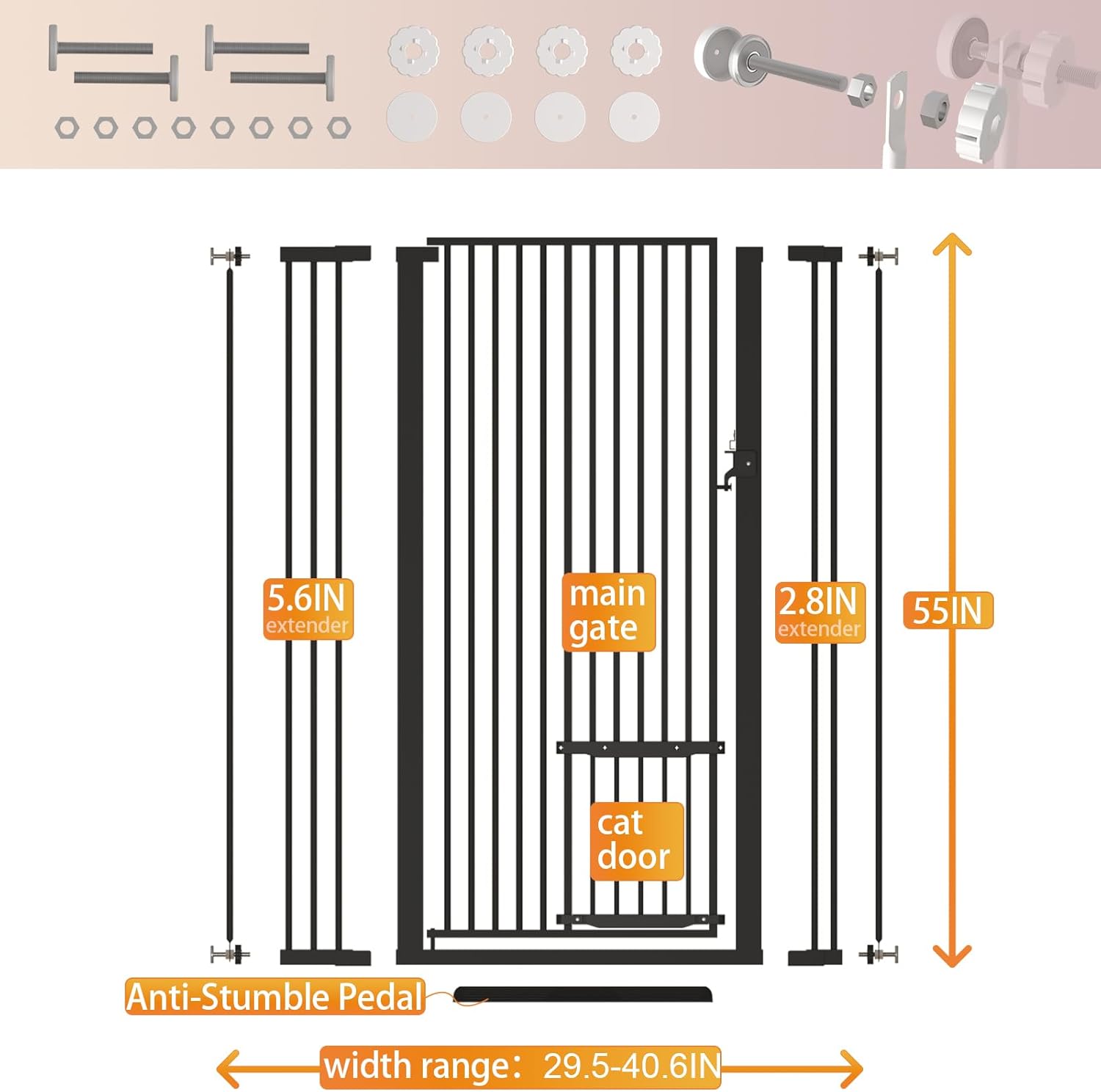 55.11" Extra Tall Cat Gate 29.5-40.6 Wide Pet gate for Doorway Pet Gate with Cat Doors NO Drilling Pressure Mount Kit for Cats and Dogs Indoor Doorways liveing Room Bedroom-Black
