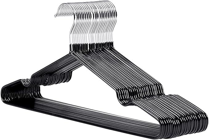 25x Premium Rubber Coated Metal Hangers - Heavy Duty - Space Saving Organiser Clothes Hangers for Wardrobes Coat Rack Rails Thin and Non-Slip Chrome (BLACK)