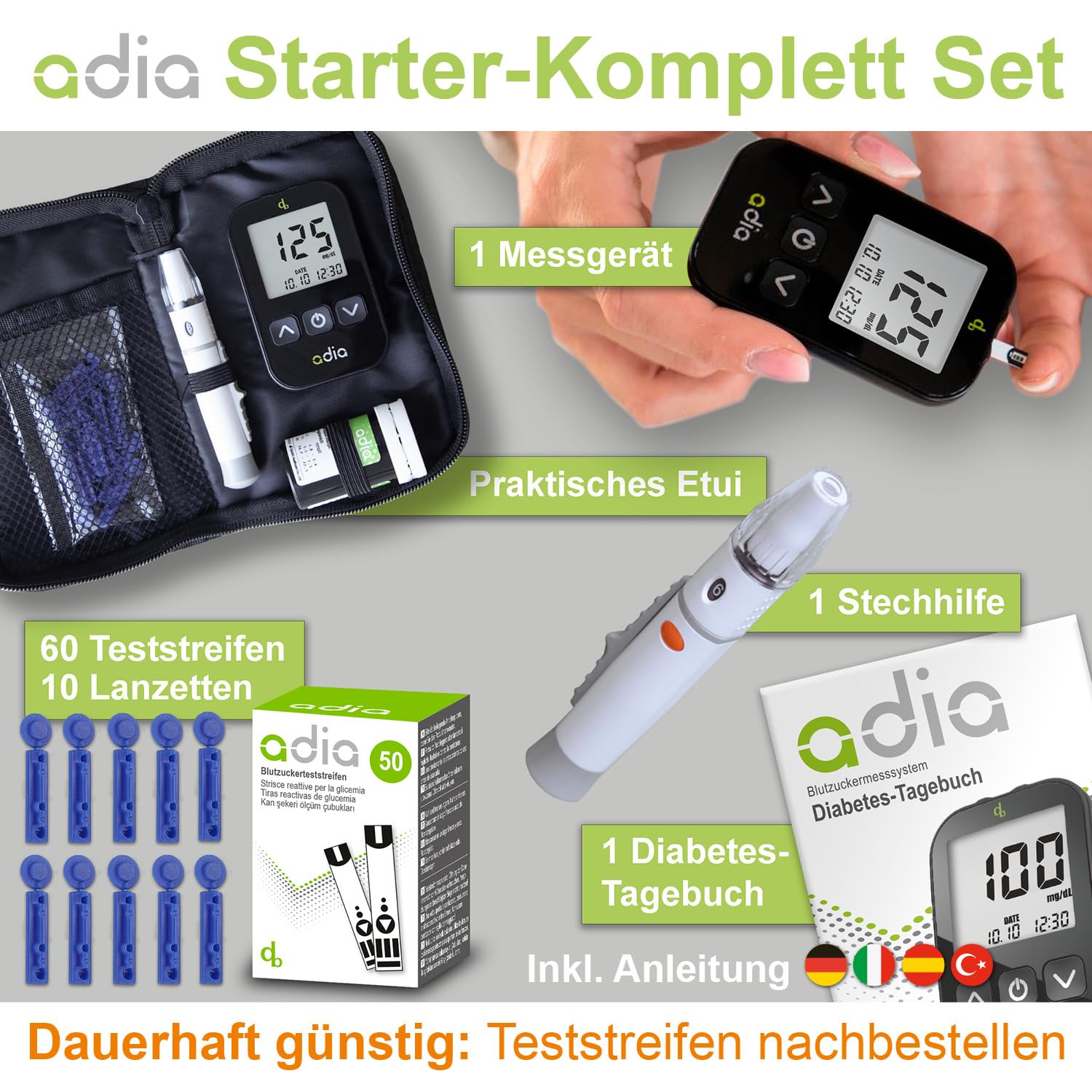 adia Blutzuckermessgerät Sparset inkl. 60 Teststreifen, 10 Lanzetten, 1 Stechhilfe. 1 Etui (mg/dL - Standard-Maßeinheit)