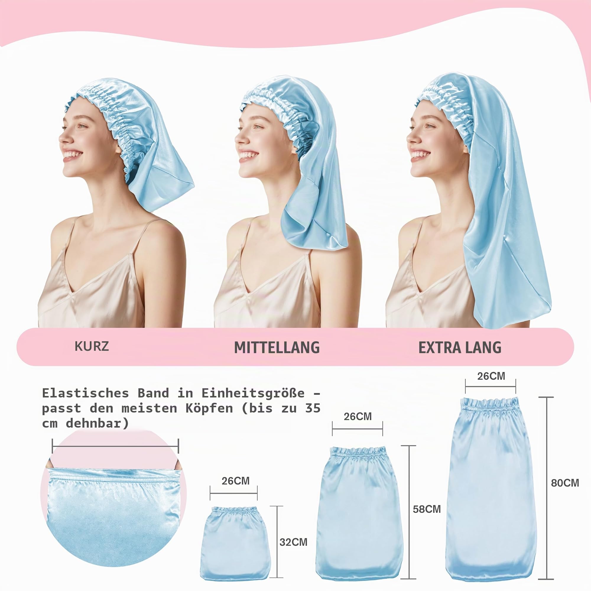 townssilk Seidenhaube zum Schlafen, 100% 22 Momme Maulbeerseide, für Damen, luxuriös, atmungsaktiv, sitzt sicher über Nacht & druckfrei, ideal für lange & lockige Haare – IceBlue 80cm