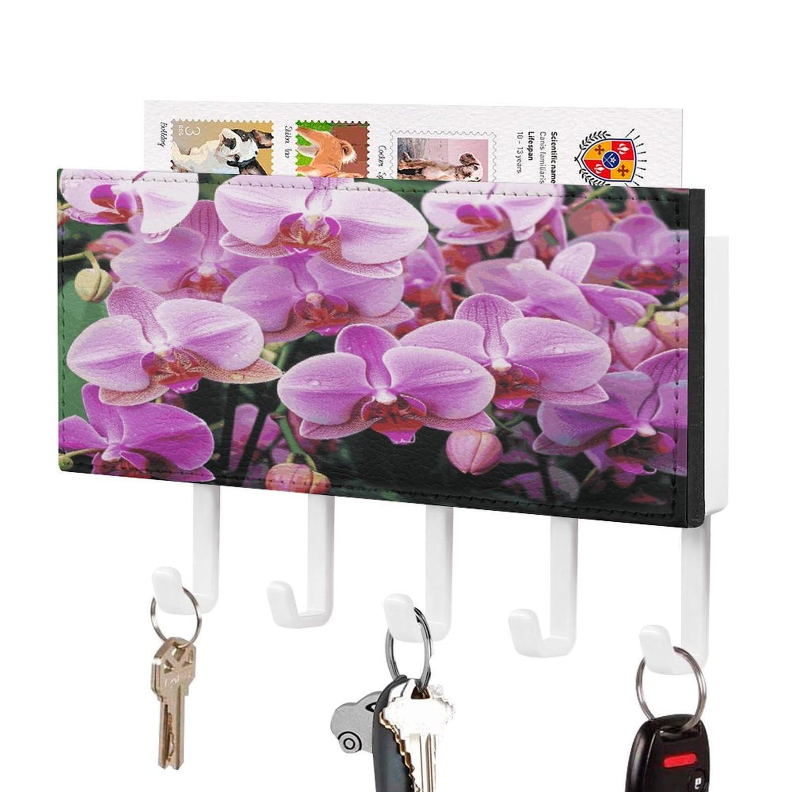JTREHY Orchids Key Holder Wall Mount Decorative Key and Mail Holder PU Leather Adhesive Key Organizer Hanging Key Hooks Wall Shelf with 5 Hooks for Entryway Hallway Office