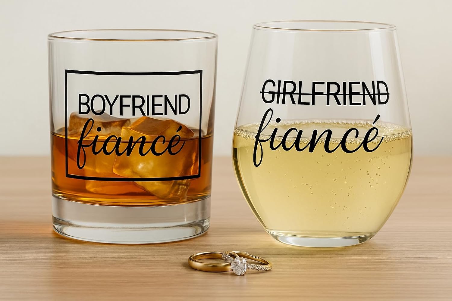 Boyfriend and Girlfriend Wine and Whiskey Glass Gift Set - Engagement Gifts for Couples - Fiance Fiancee Gift for Him and Her - His and Hers Glasses For Mr and Mrs Bride and Groom to be