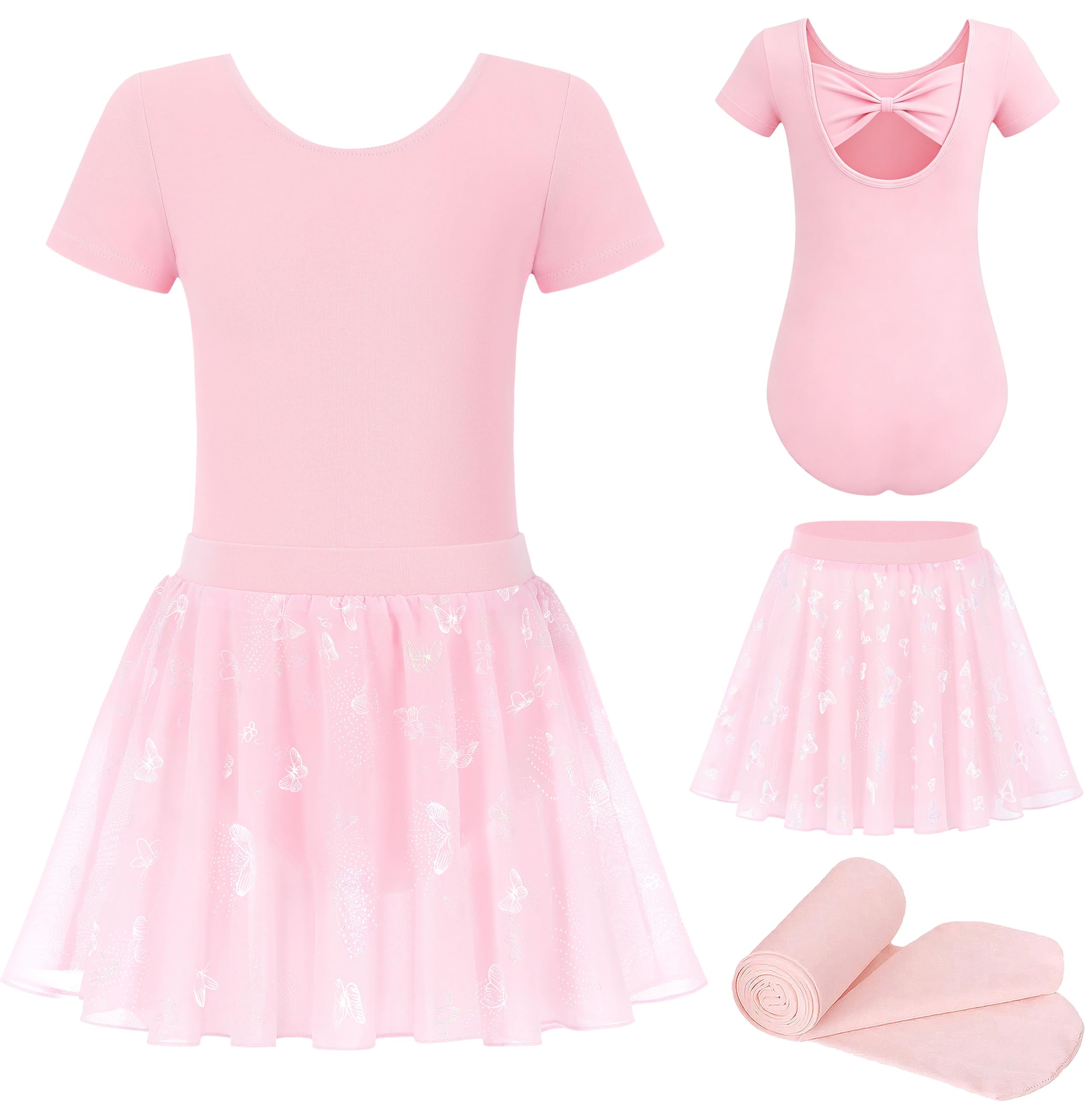 Morstane MdnMd Toddler Girl's Ballet Dance Leotards Tights Skirt Combo with Butterfly Bow Back Child Dresses Outfit for Gymnastics(Ballet Pink, 4-6 Years)