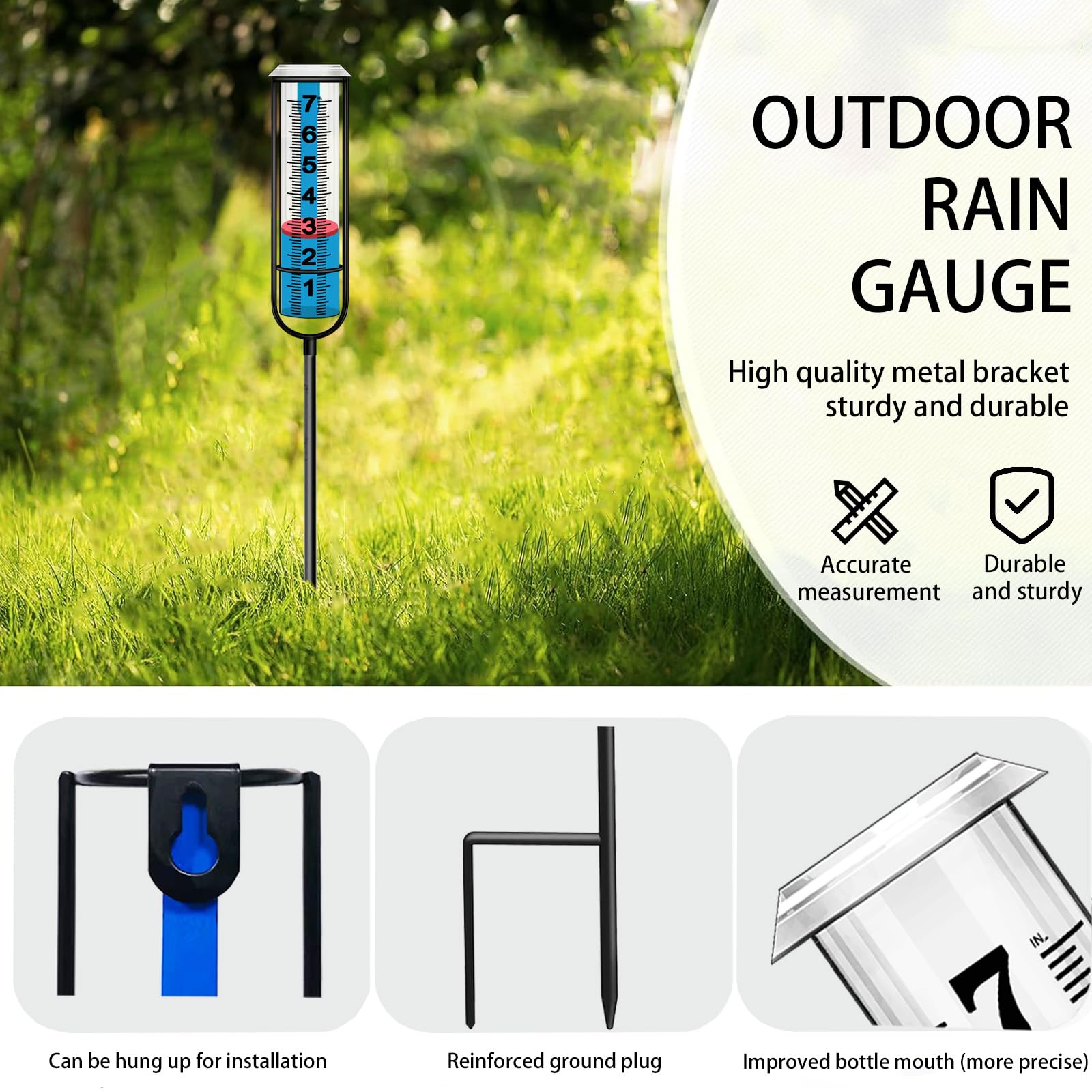 JMBay Manometro per Pioggia, antigelo, per Esterni, con palo, Misura Decorativa per Giardino, terrazza, Prato con Numeri Grandi, Altezza Regolabile