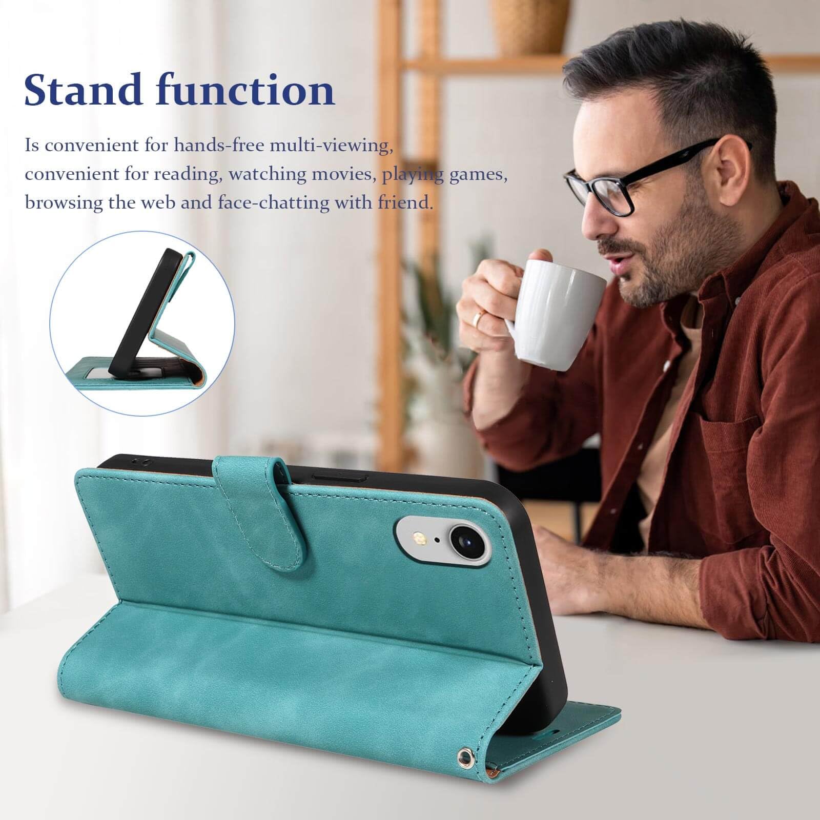 GOTOURED Green Wallet Phone Case for iPhone XR RFID Blocking 4 Card Slots, Wrist Strap, Kickstand, Magnetic Closure - Image 4
