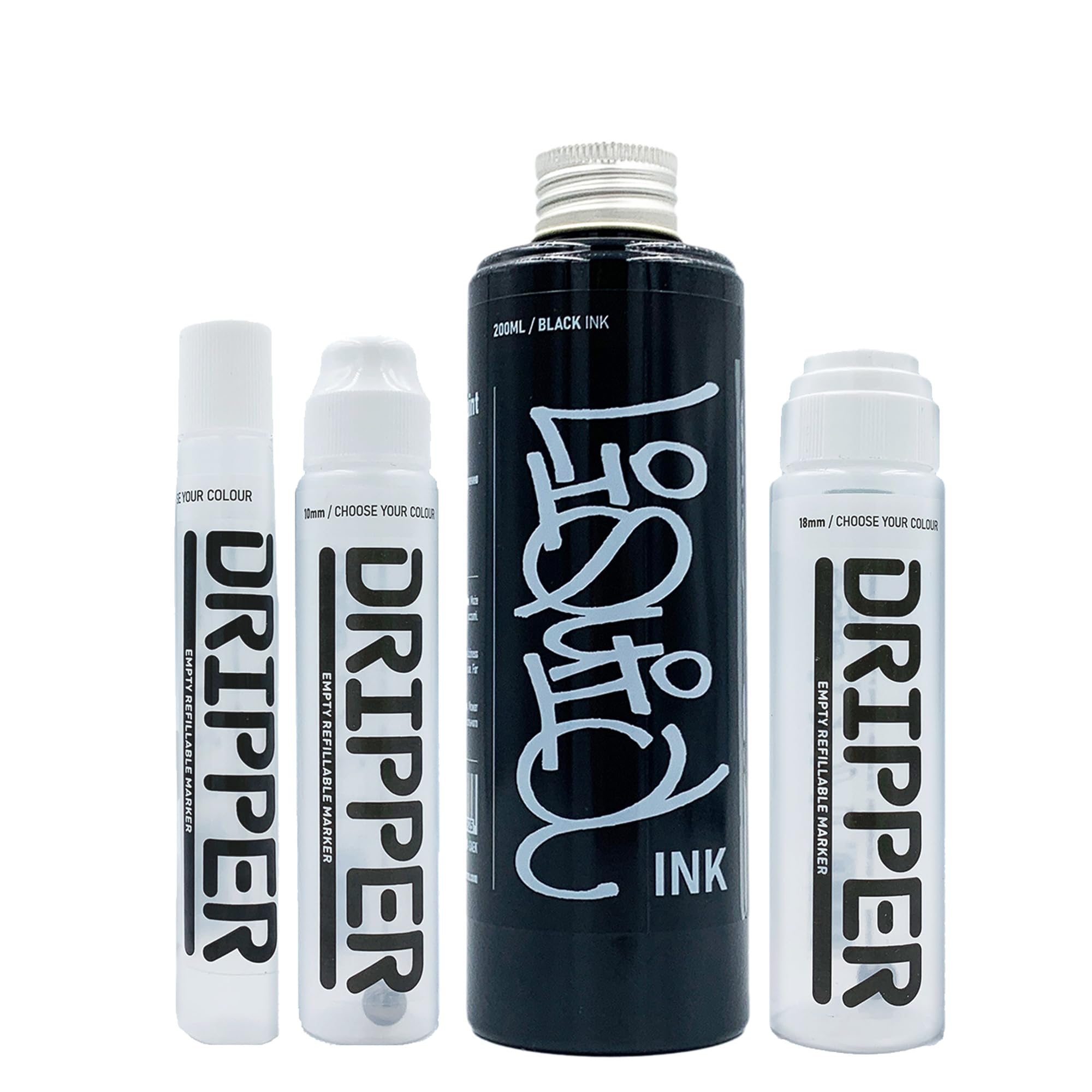 Liquid Ink & Dripper Bundle Dope, Multi Colour Refill & Multi Size Empty Mop Marker Graffiti Art Pack, Permanent 200ml Alcohol Based Paint (Black)