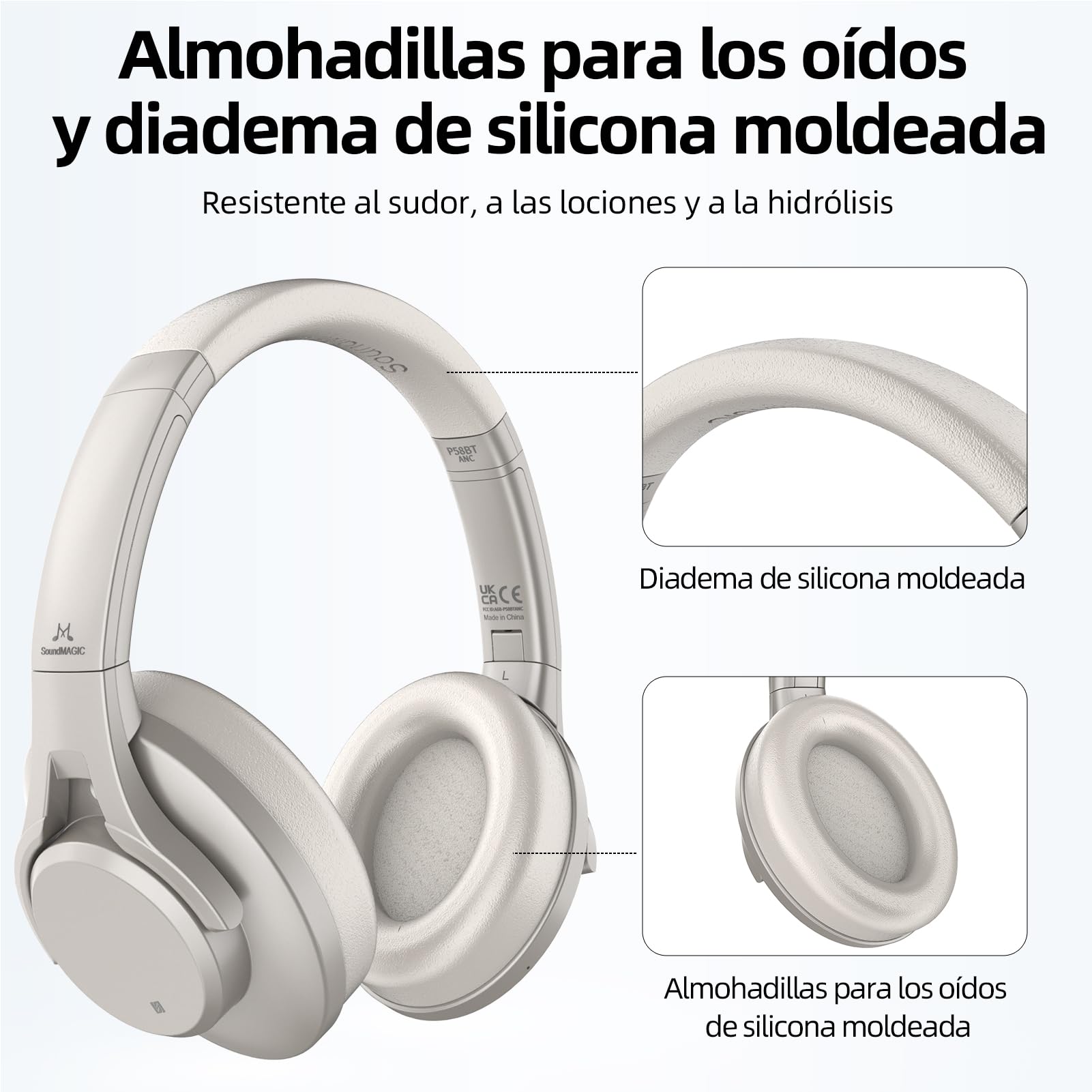 SoundMAGIC P58BT ANC Auriculares Bluetooth Diadema con cancelación Activa de Ruido, Calidad de Sonido HiFi, Llamadas nítidas, 60 Horas de autonomía, para Juegos y música, compatibles con móviles y PC
