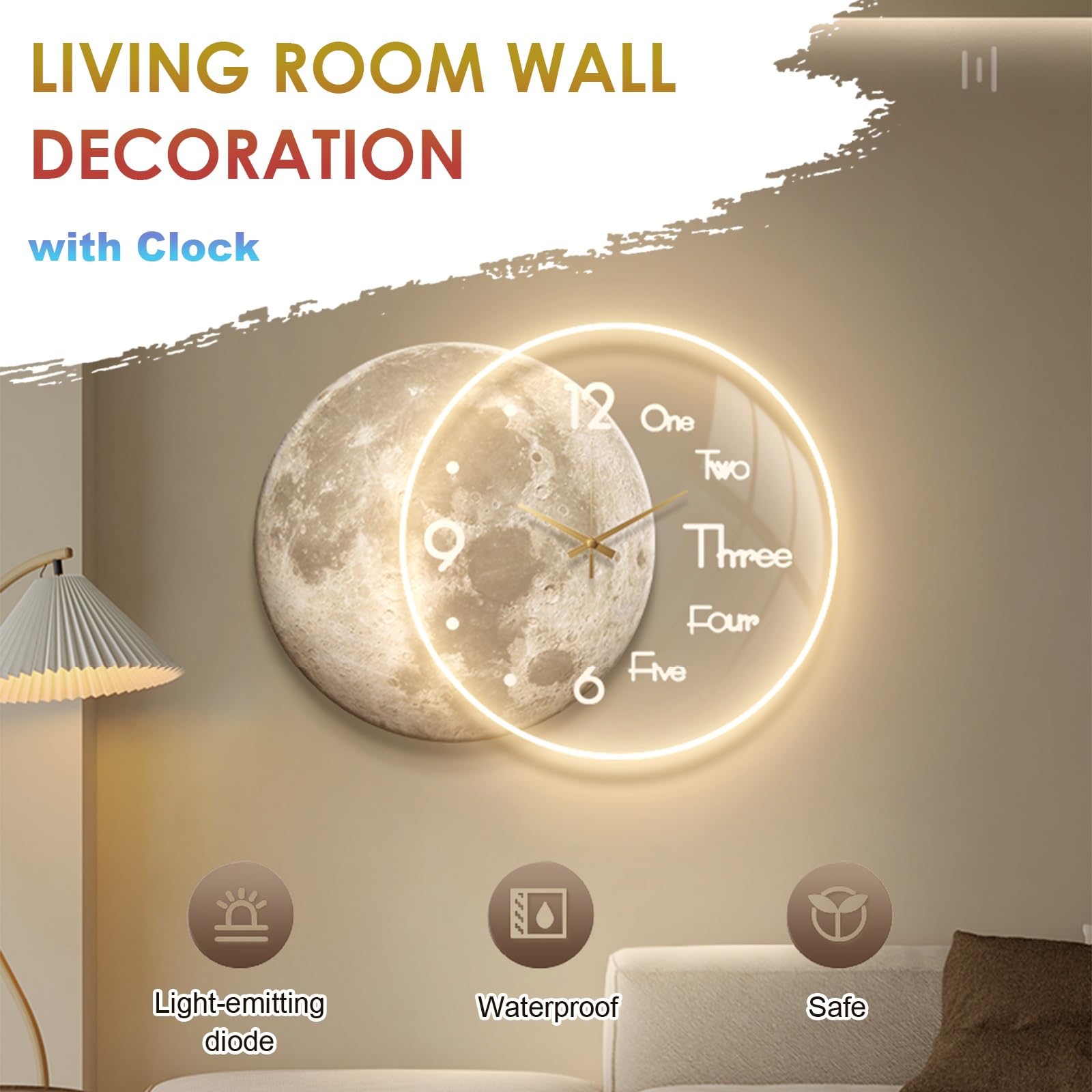 Orologio da parete decorativo a batteria, silenzioso, senza ticchettio, con grafica 3D di lusso e design artistico con motivo lunare, quadrante trasparente e luce LED, ideale per decorare casa, uffic