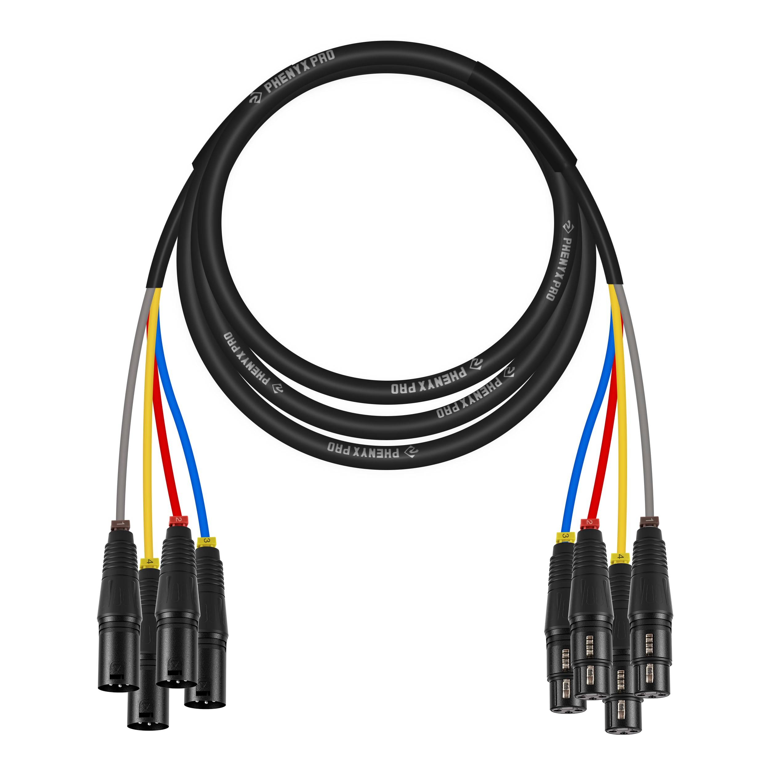 Phenyx Pro 4-Channel XLR Cable, 10 Ft Snake Cable, Balanced Microphone Cord, XLR Splitter, Color-Coded, 4-in-1 Design, 3-PIN Male to Female Patch Wire
