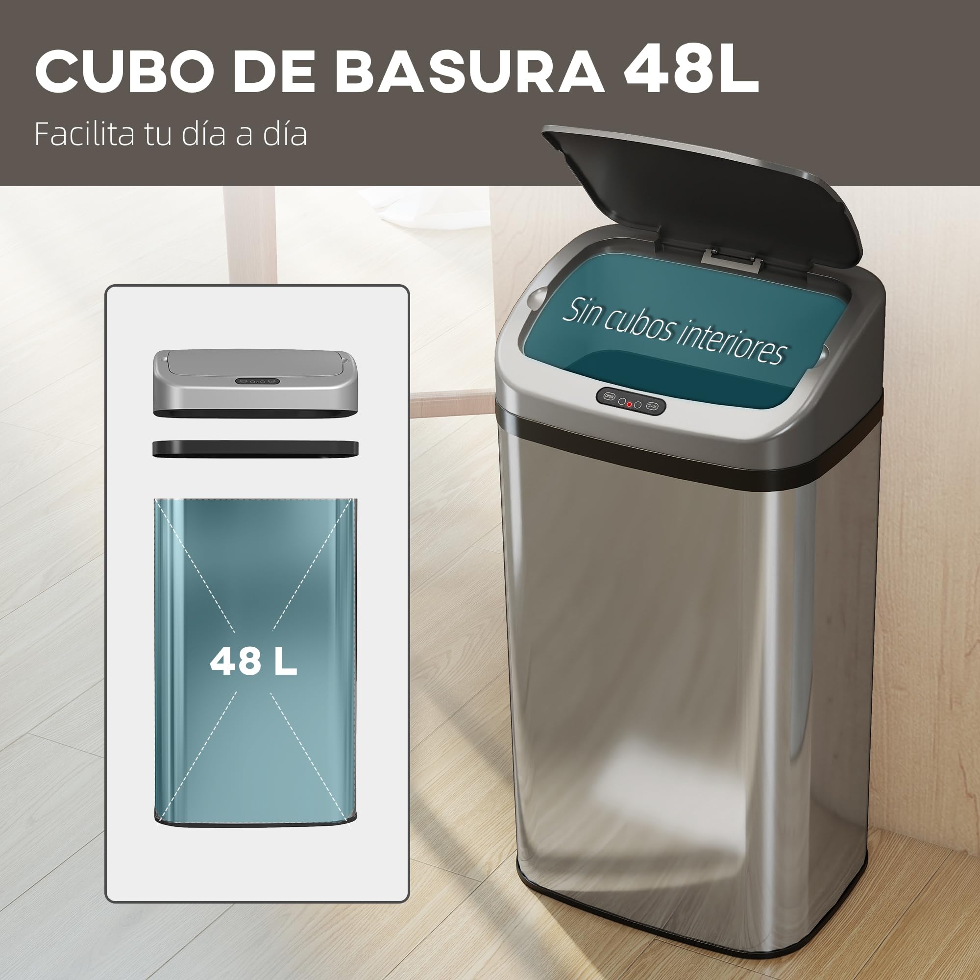 HOMCOM Cubo de Basura Cocina Automático 48 L Sensor Infrarrojo Plata | Papelera Cocina de Acero Inoxidable, Cierre Automático, Antihuellas, para Dormitorio, Oficina