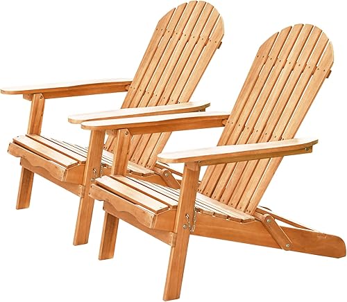 HAPPYGRILL Silla Adirondack de madera de eucalipto de 2 piezas, silla tumbona plegable para porche, terraza, patio, piscina y patio trasero