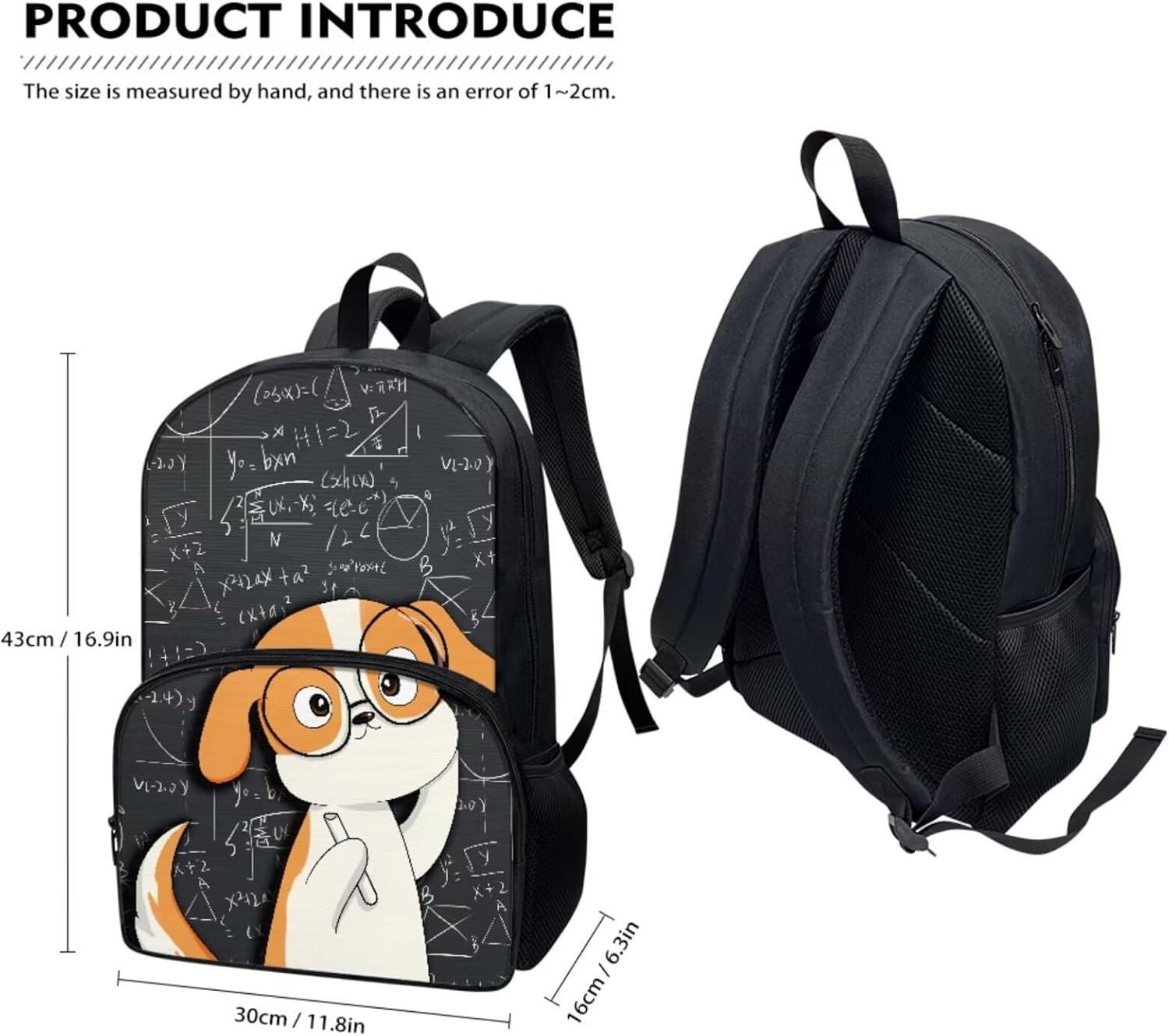 Xoenoiee Cute Dog Mathematics Pattern 3Pcs Bookbag+Lunch Box+Pencil Bag for Students 17in Large School Bag Backpack Set for Boys Girls Back To School
