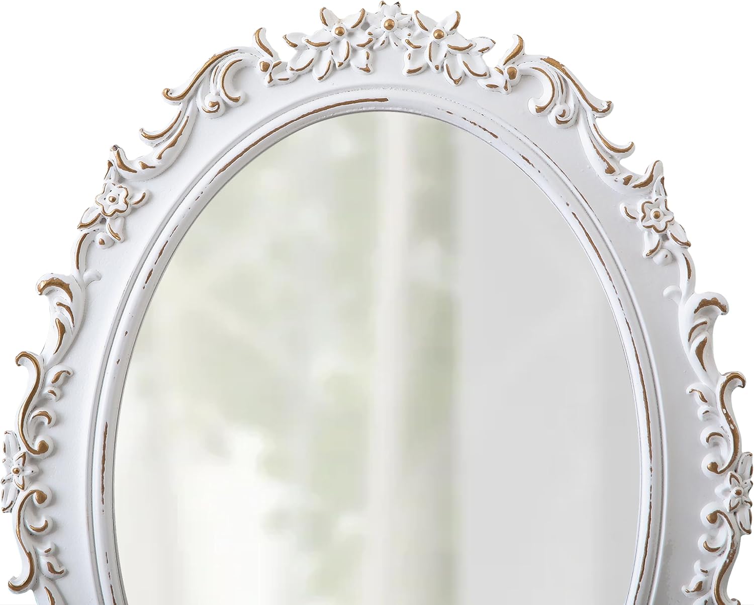 Vintage Oval Mirrors for Wall 16 X 21 Inch, Hanging Distressed White Wooden Antique Bathroom Mirrors for Over Sink, Decorative Gold Flowers French Country Mirror, Horizontal or Vertical