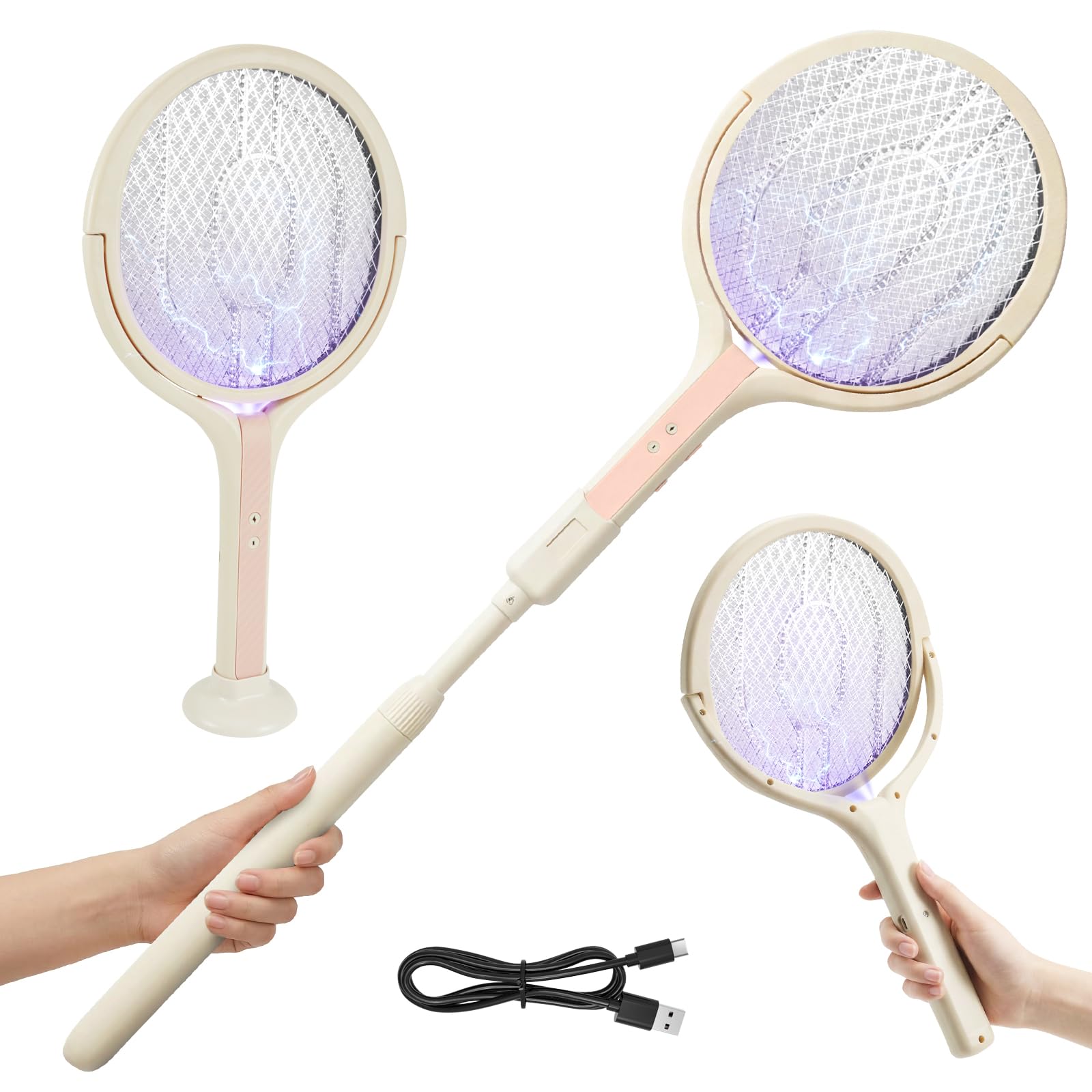 Electric Fly Zapper,2 in 1 Rotating Electric Fly Swatter,with a Telescopic Extension and Protective net Layer,Fly Zapper Racket Rechargeable,1200mAh 3000V Mosquito Bug Zapper for Indoor and Outdoor