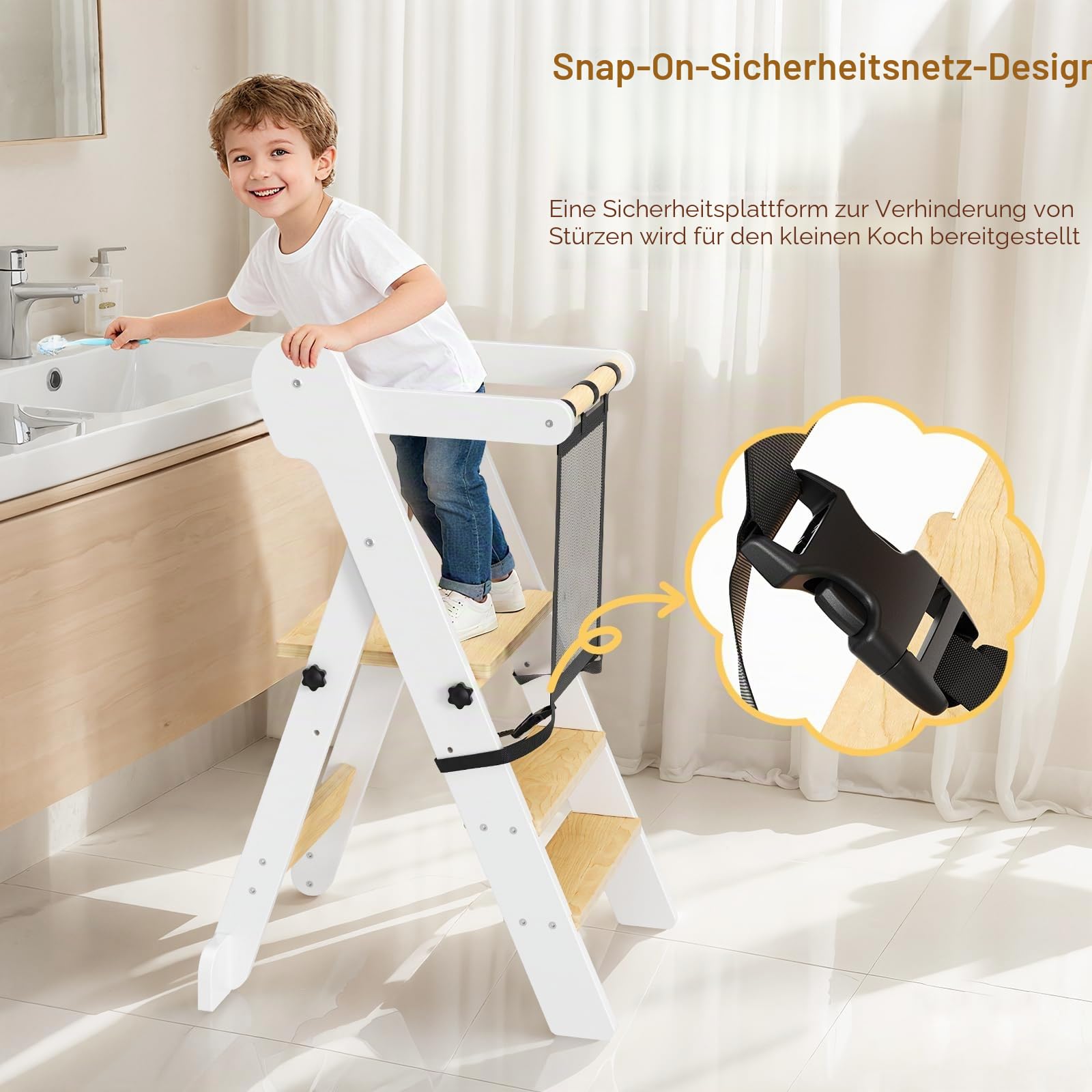 Montessori Lernturm für Kinder - Lerntower Verstellbarer Küchenhelfer mit Sicherheitsgel änder, Klapsbarer Lernturm Activity Tower für Kleinkind ab 1 Jahr, Natürliches Holz (Buche)