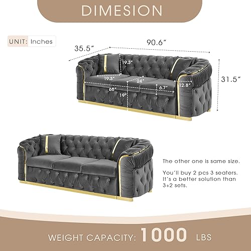 Miniatura 2 de KEIKI Juego de sofá Chesterfield de lujo de 2 piezas con 2 sofás de terciopelo de gran tamaño de 3 plazas, juego moderno tapizado de 6 plazas con