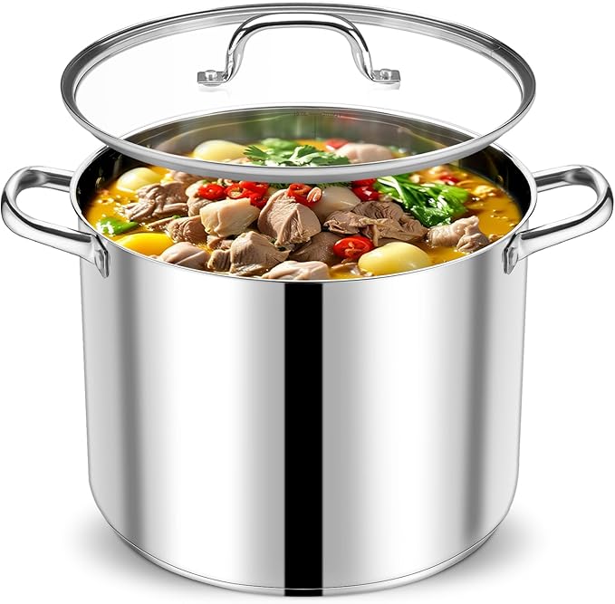 P&P CHEF 20-quart stainless steel stock pot with glass lid and measurement marks