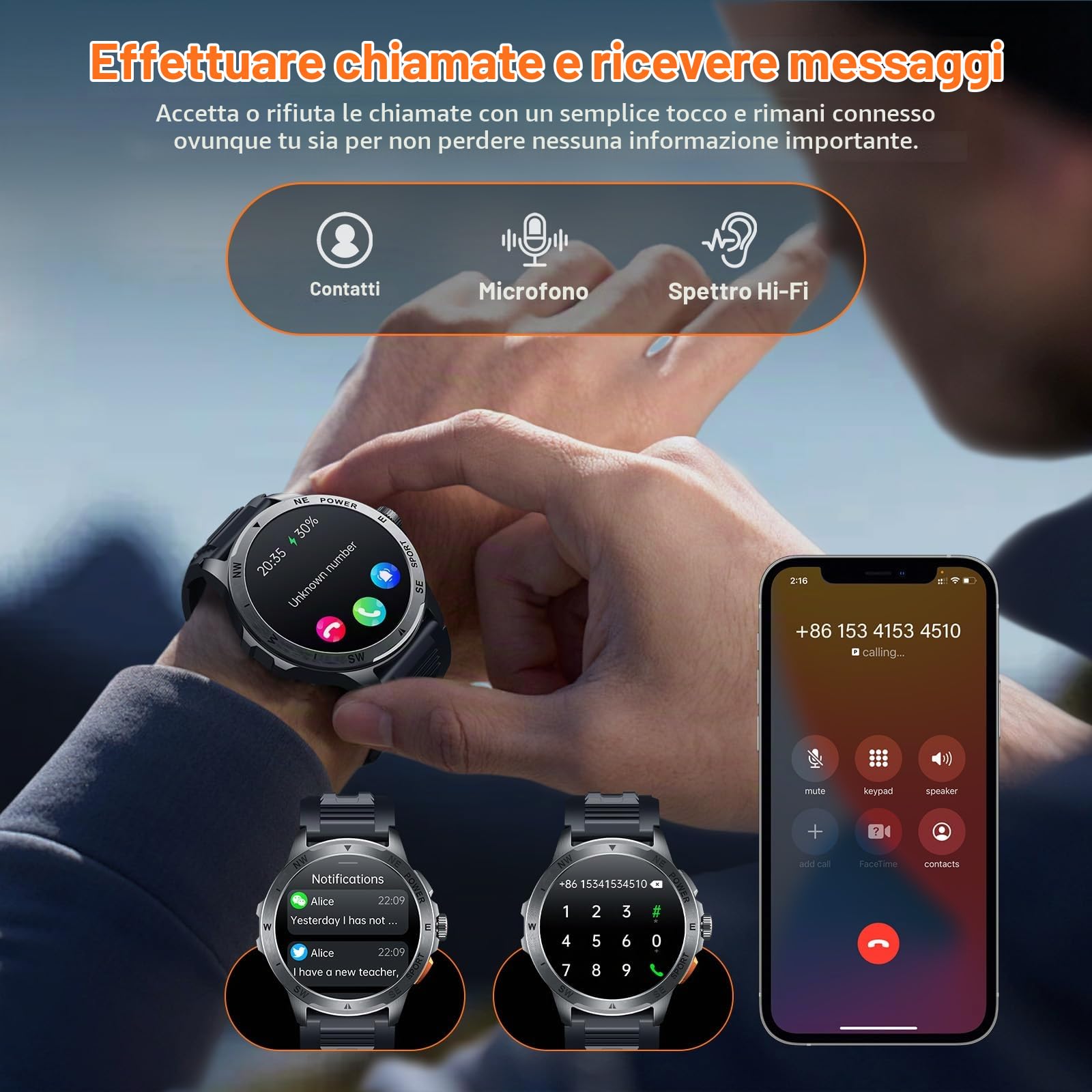 Smartwatch Uomo con ET/HRV/SIRI, 1,43" AMOLED con Chiamate Bluetooth Militare Orologio Intelligente Fitness/24H Cardiofrequenzimetro SPO2/100+ Modalità Sport/IP68Impermeabile /Sonno/per iOS Android