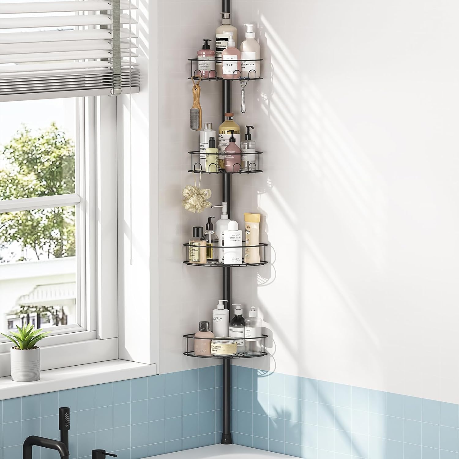 Corner Shower Caddy Tension Pole with 4 Adjustable Shelves, Bathroom Storage Organizer, Waterproof Corner Towel Holder, 63.7-119 inch Bathroom Corner Shelf, Black