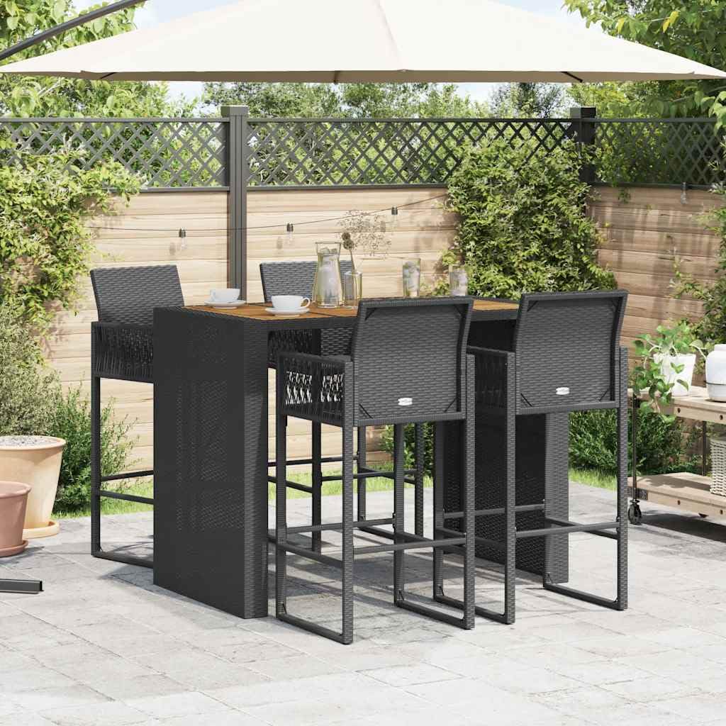 Juego de muebles de jardín de 5 piezas, sin cojín, color negro, polirratán, acacia, resistente a la intemperie, para terraza, balcón y jardín, con marco de acero robusto y asiento para zonas