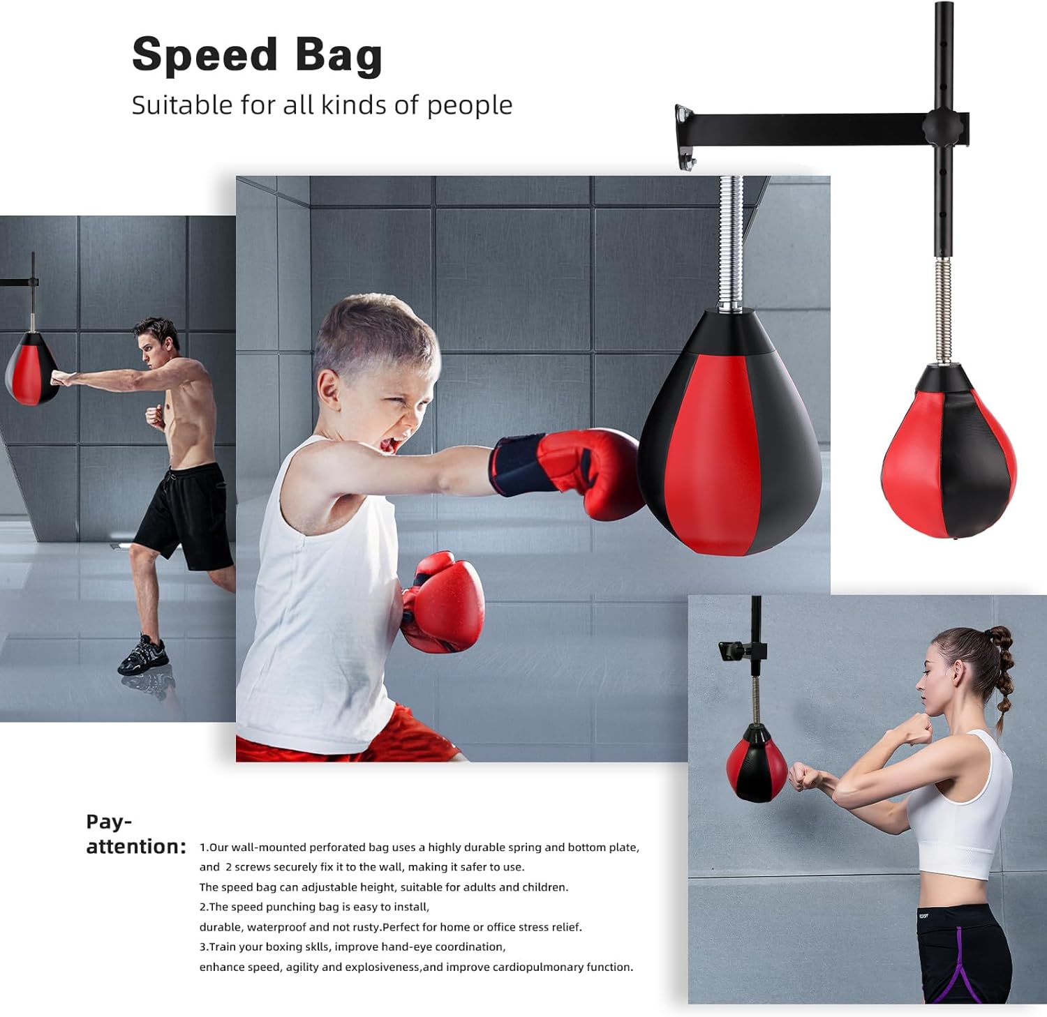 Speed Bags for Boxing, Punching Bag with Reinforced Spring Wall-Mounted Strong Durable Punching Bag with Stand, Height Adjustable, for Kids & Adults - Image 2