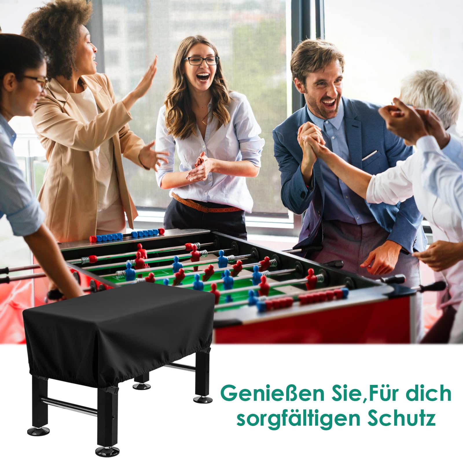 Kickertisch Abdeckung Wasserdichte, 420D Oxford Tischfußball Abdeckung Staubdicht UV-beständig, Fußball Tischabdeckung Tragbar mit Lösen Sie Gürtel und Spannungen, Schwarz, 145X115X72cm