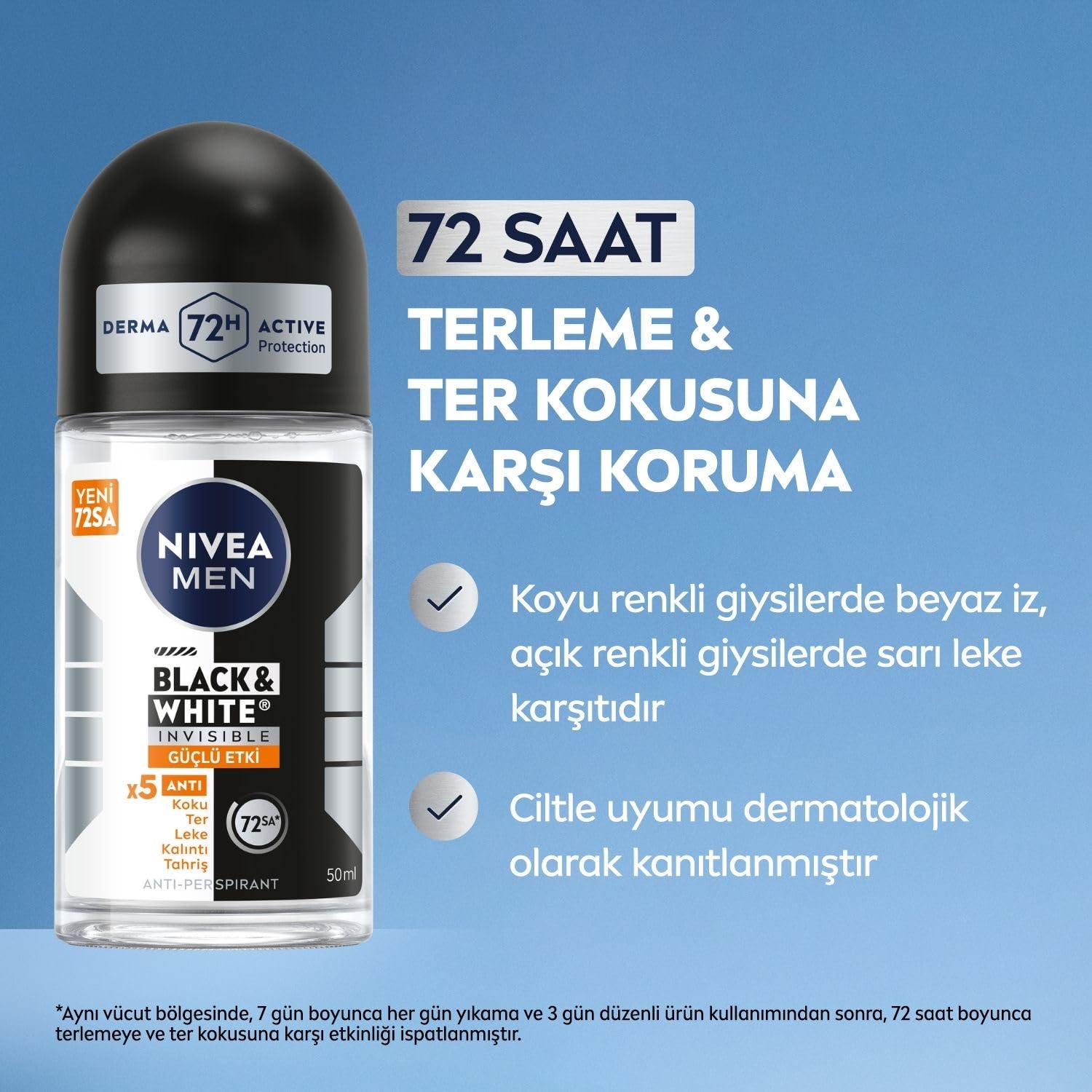 NIVEA Men Erkek Roll On Deodorant Black&White Invisible Güçlü Etki 50 ml,72 Saat Anti-perspirant Koruma