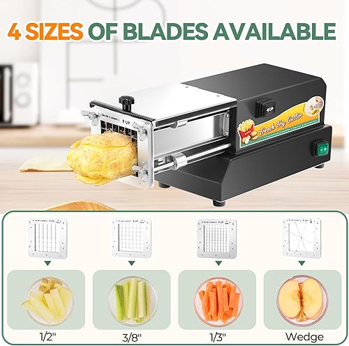 Miniatura 4 de Huanyu Cortador de papas fritas comercial, cortador eléctrico de papas, cortador profesional de acero inoxidable con 4 cuchillas para papa, batata,