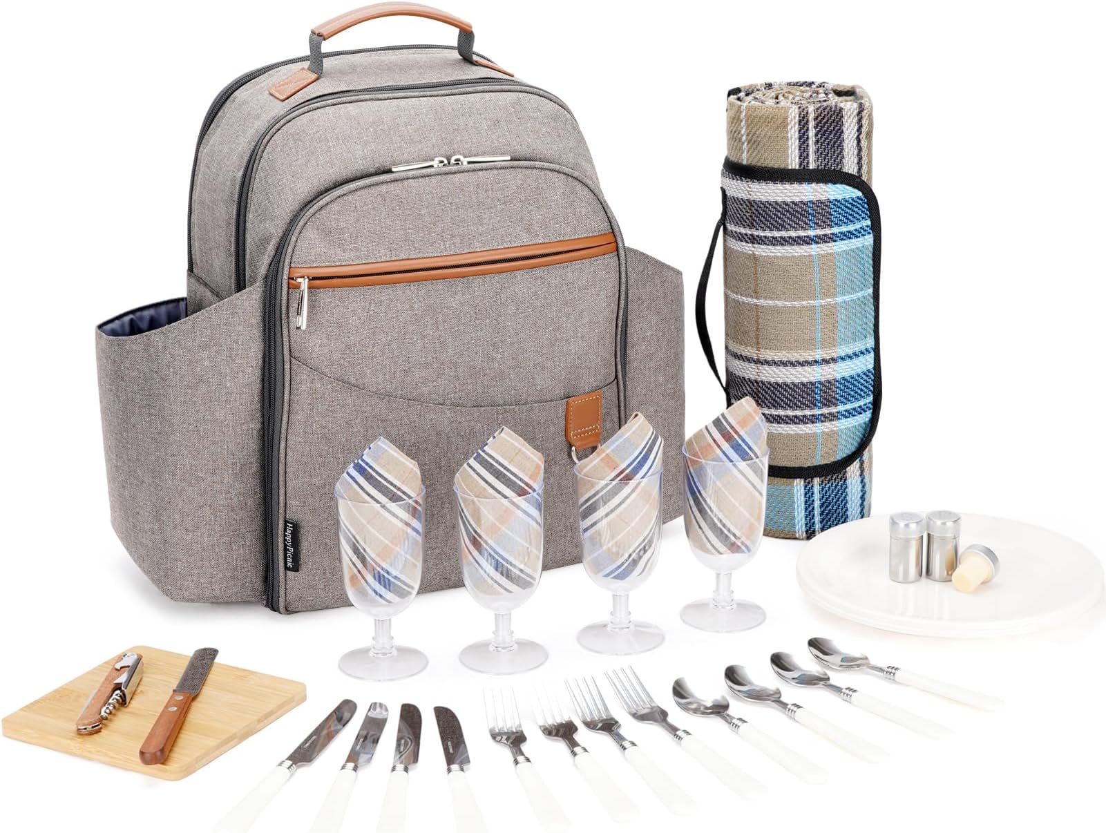 Picnic Backpack Sets for 4 Persons, Picnic Cooler Bag with Insulated Compartment, Cutlery Set, Bottle Holders and Waterproof Picnic Blanket, Perfect for Hiking, Beach, Camping (Brushed Khaki)