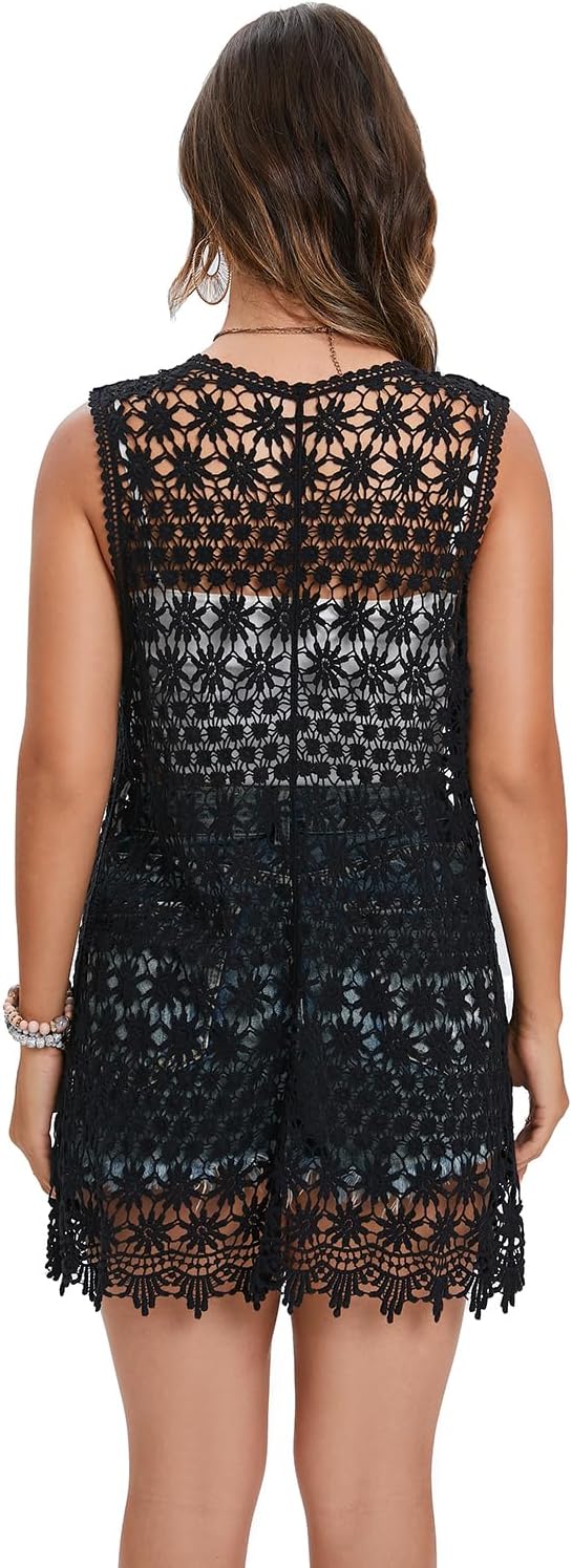 GLEAMISS Women's Crochet Floral Vest Lace Trim Boho Sleeveless Cardigan - Image 2