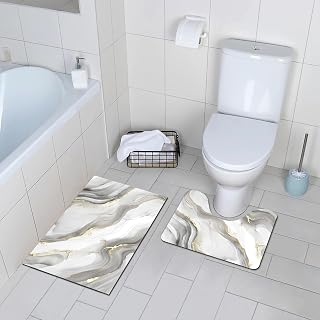 comfoyar 2 Piece Bath Mat Set, Quick Dry Absorbent, Non Slip Rugs, Easy Cleaning, for Bathroom Bathtub Shower, 61cm x 40cm + U-Shaped 50cm x 40cm, White Marbled